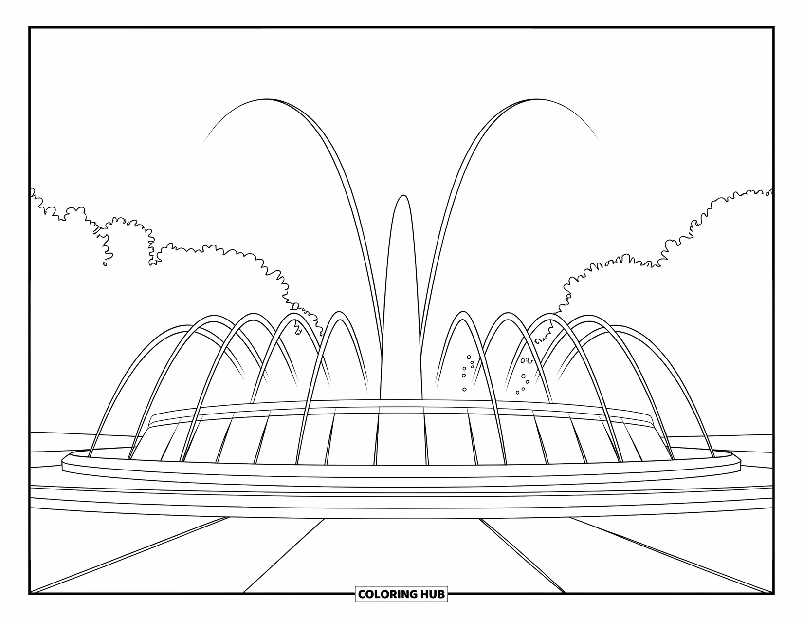 Chicago Coloring Page for Kids: Buckingham Fountain sprays high in a Chicago park surrounded by trees