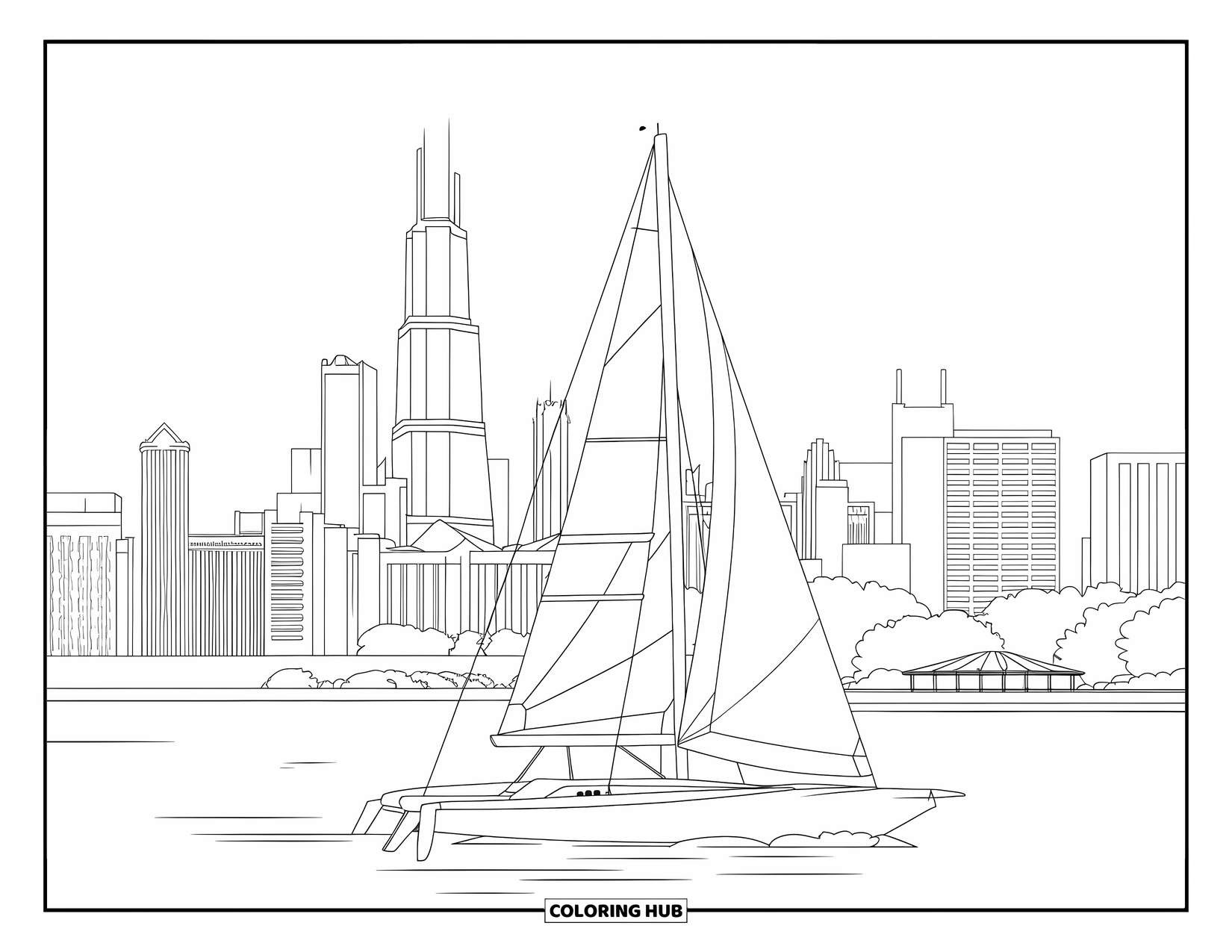 Chicago Coloring Page for Kids: Calm waters near the Chicago shoreline with a sailboat and iconic skyline view