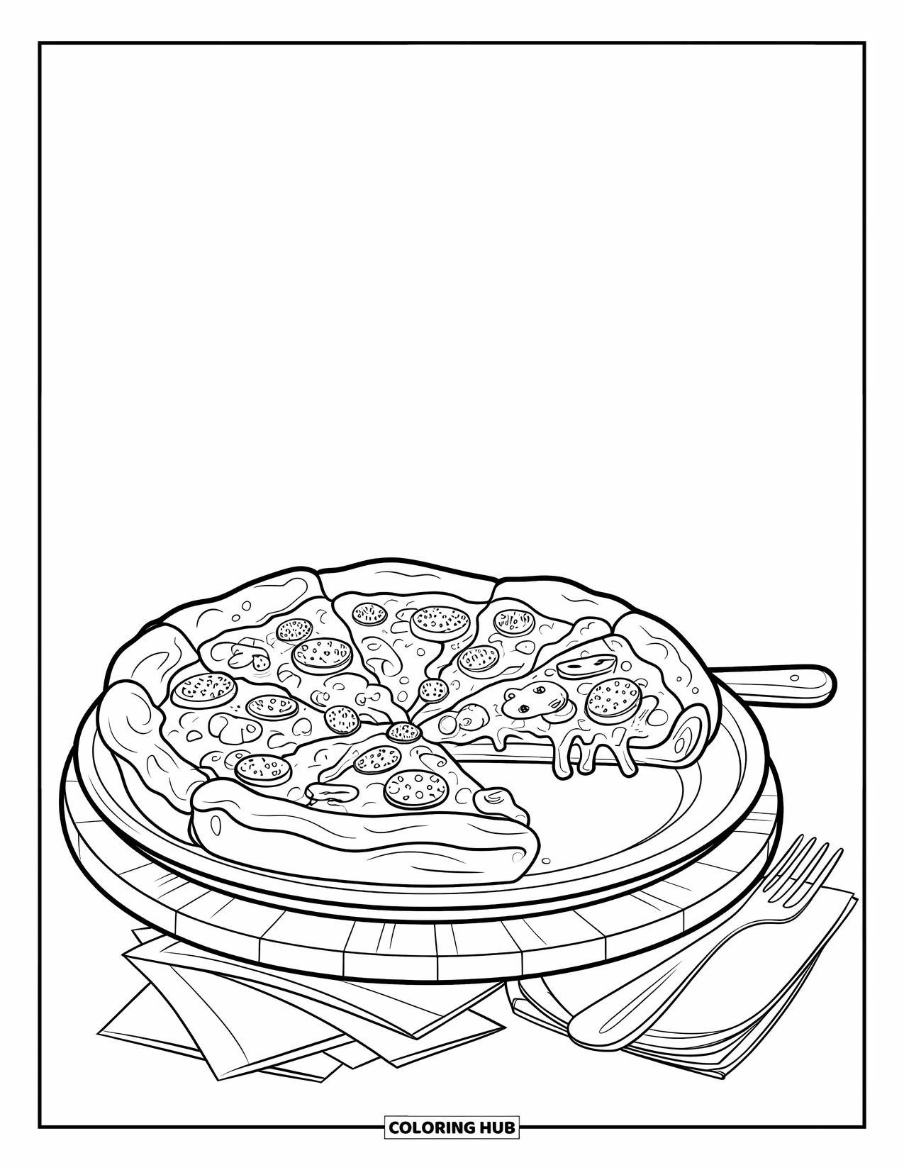 Chicago Coloring Page for Kids: Cheesy Chicago deep-dish pizza slice sits on a wooden board with toppings all around