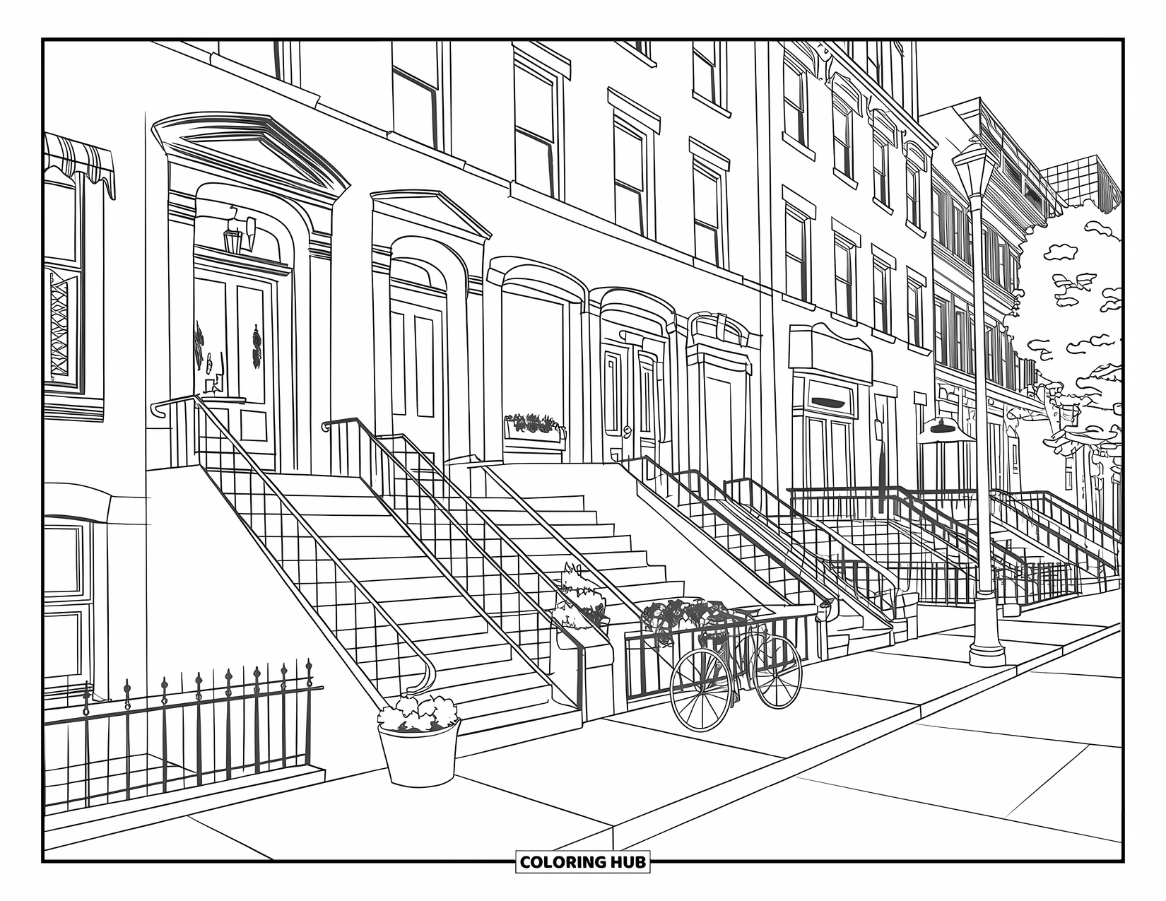 Chicago Coloring Page for Kids: Chicago brownstones with storefronts, trees, and a sidewalk lamppost on a cozy street