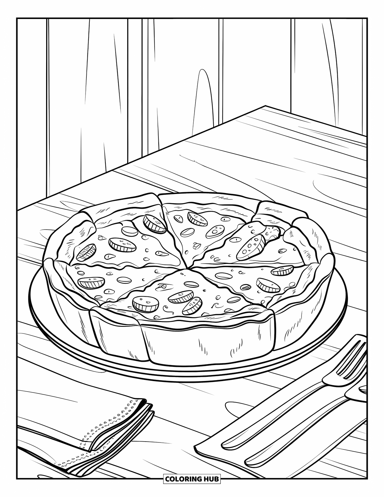 Chicago Coloring Page for Kids: Chicago deep-dish pizza sits on a diner plate with napkins and fork nearby