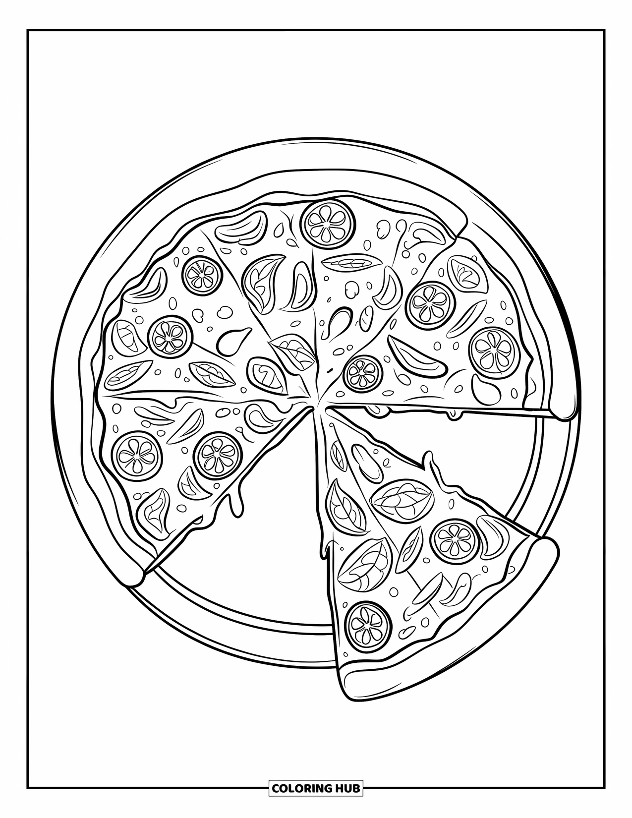 Chicago Coloring Page for Kids: Chicago deep-dish pizza with one big slice pulled out, showing gooey cheese