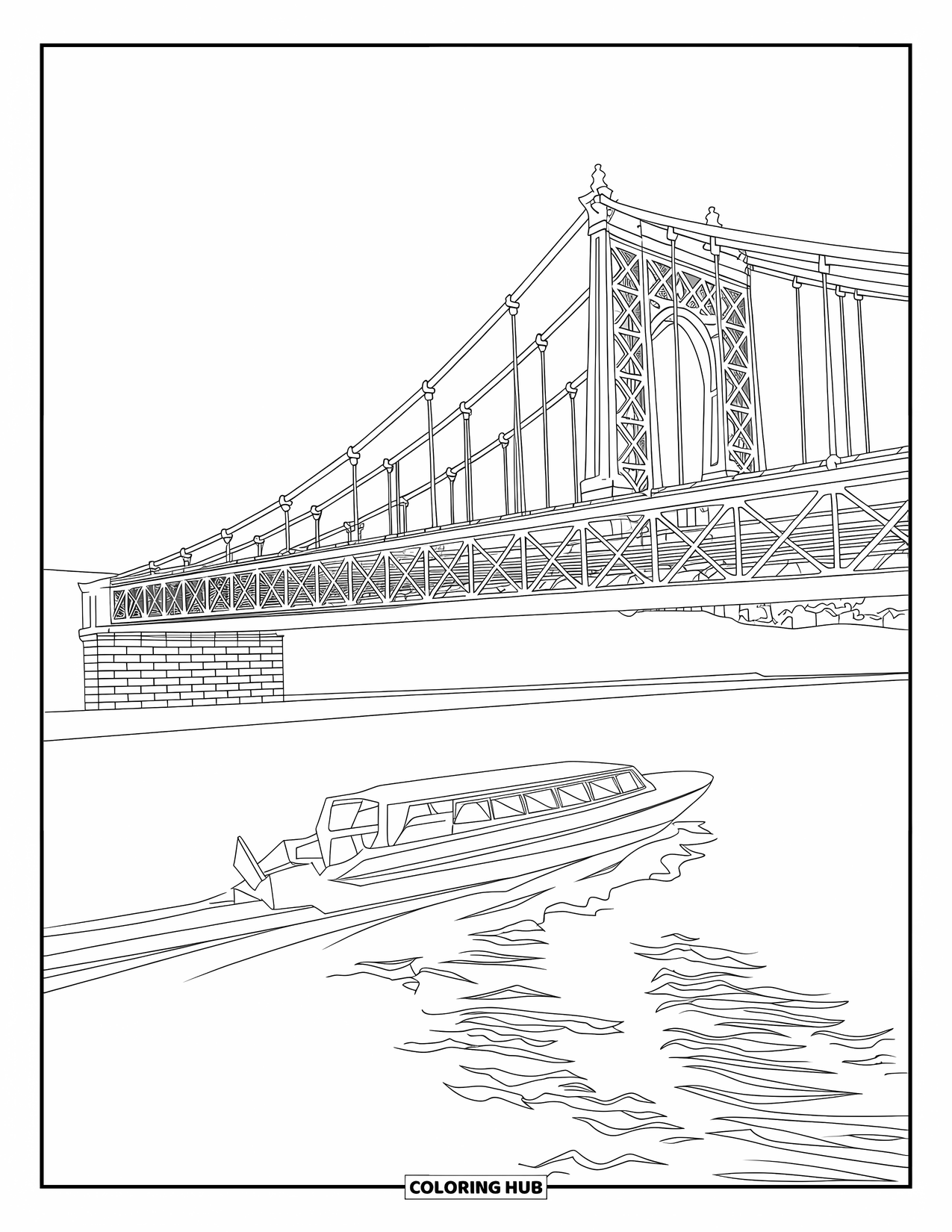 Chicago Coloring Page for Kids: Chicago River bridge with boats cruising under and buildings surrounding it