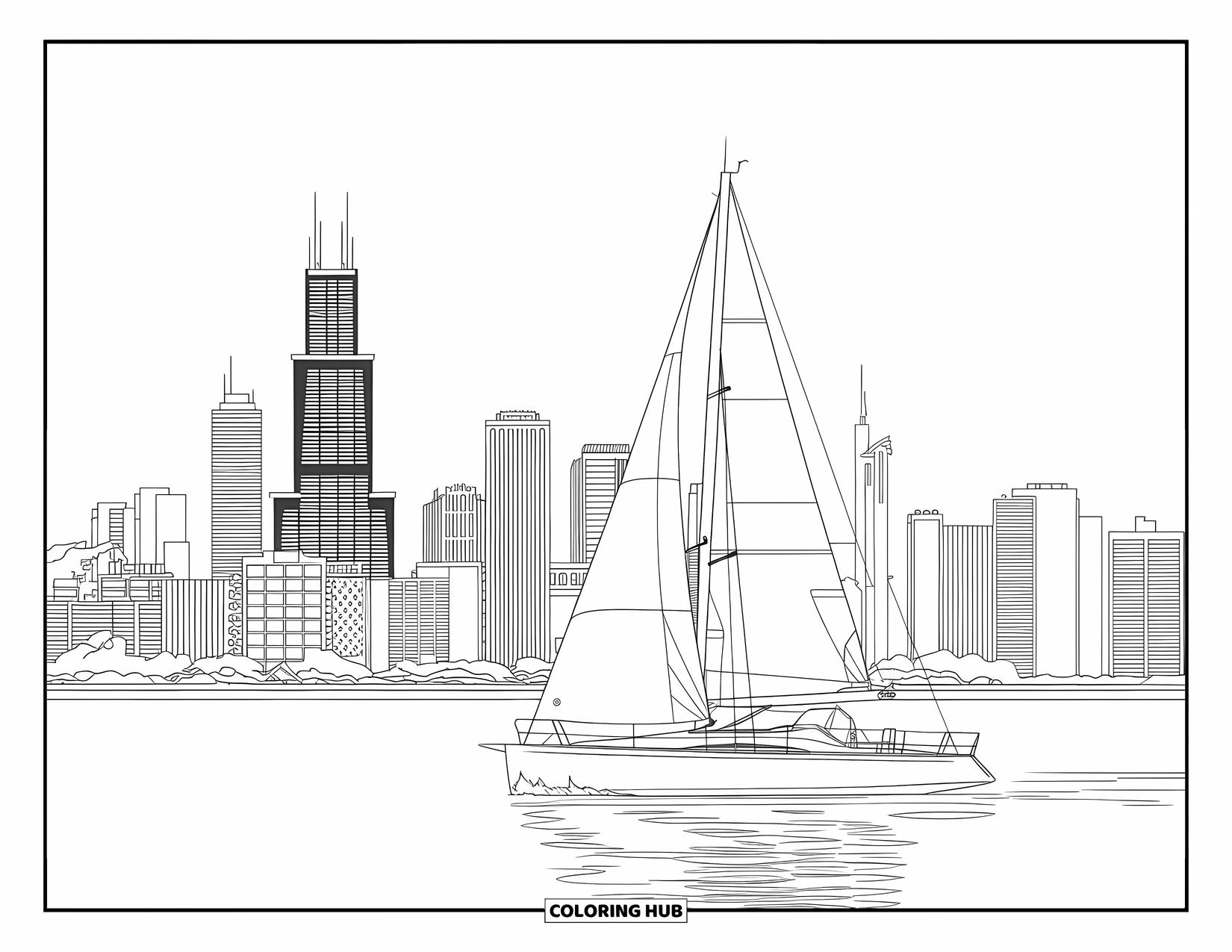 Chicago Coloring Page for Kids: Chicago skyline reflects on Lake Michigan as a sailboat glides past