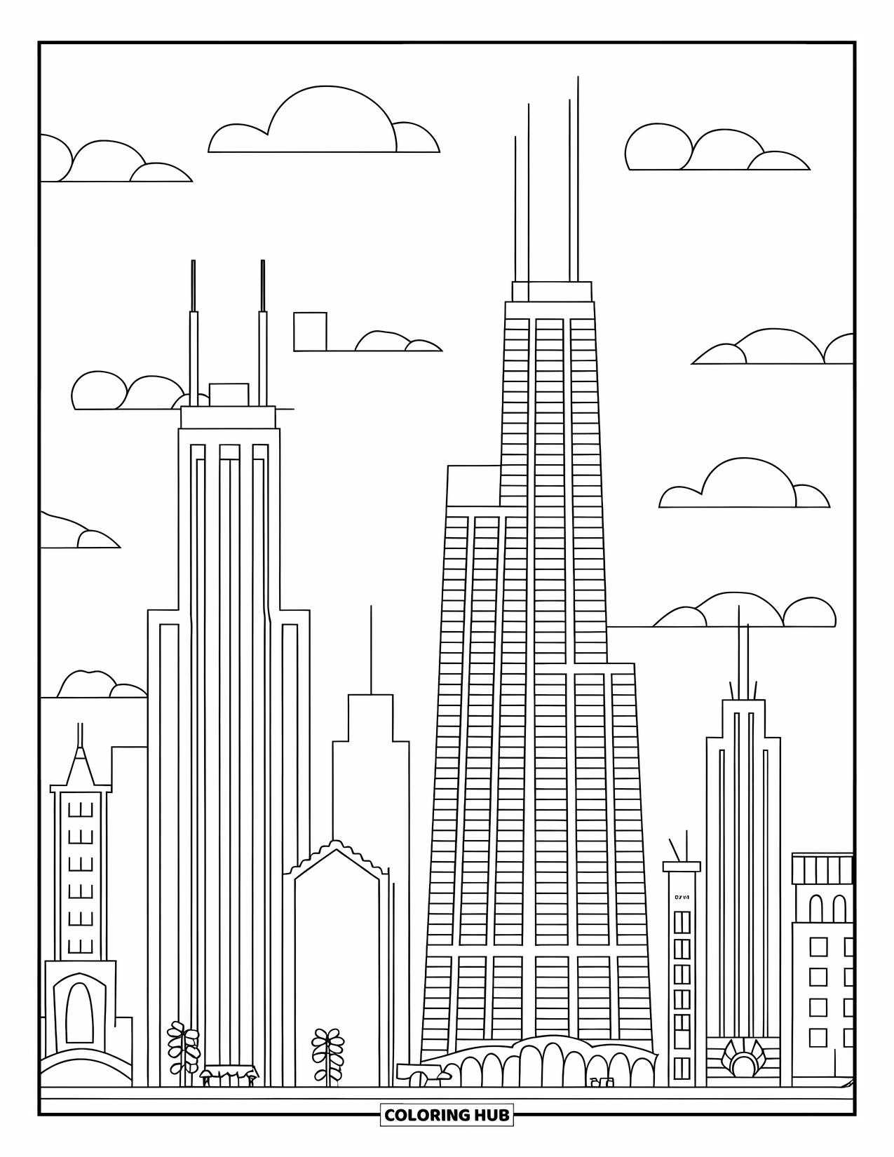 Chicago Coloring Page for Kids: Chicago skyline view with iconic towers and fun details for kids
