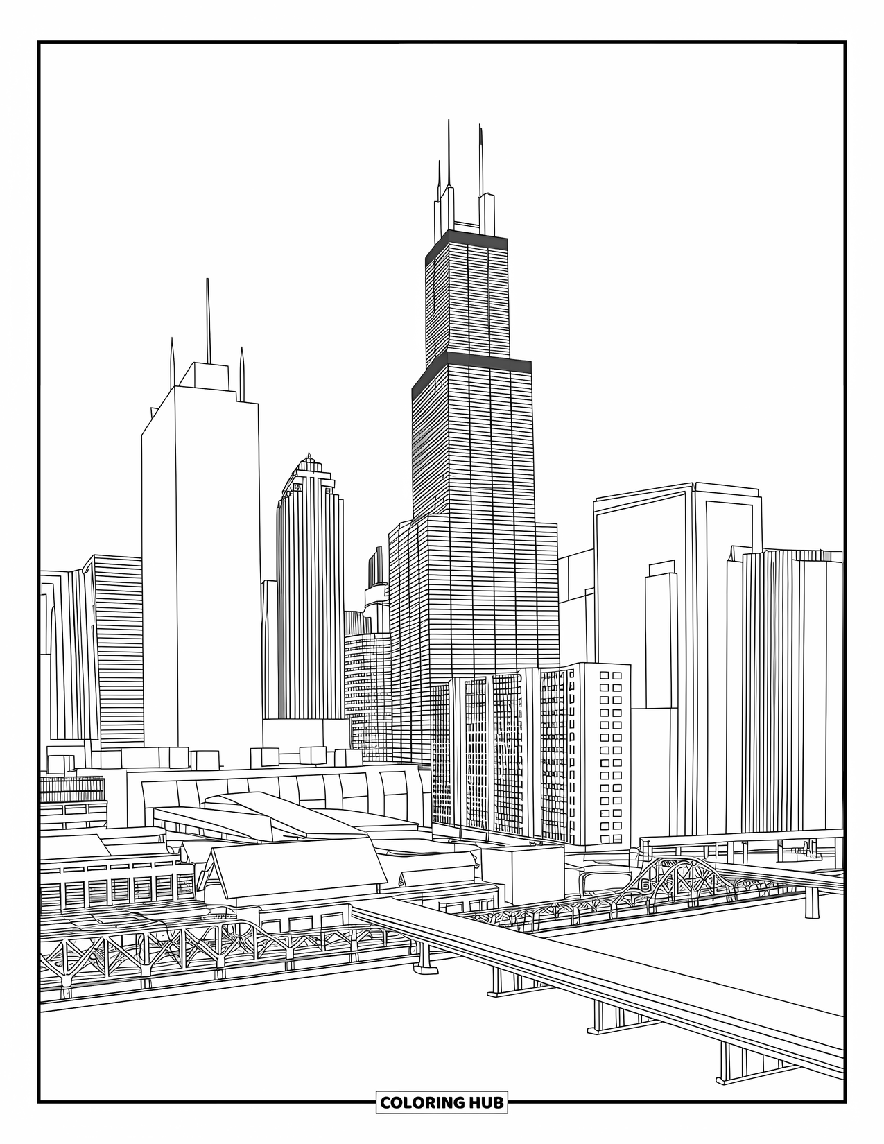 Chicago Coloring Page for Kids: Chicago skyline with Willis Tower and Hancock Center beside river and bridge
