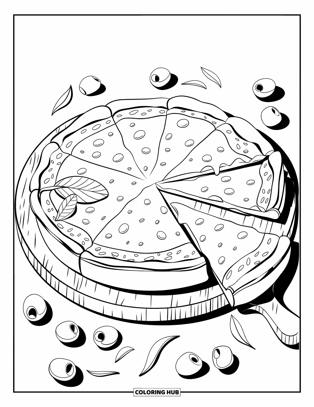 Chicago Coloring Page for Kids: Chicago-style deep-dish pizza slice sits on a board with olives and leafy toppings