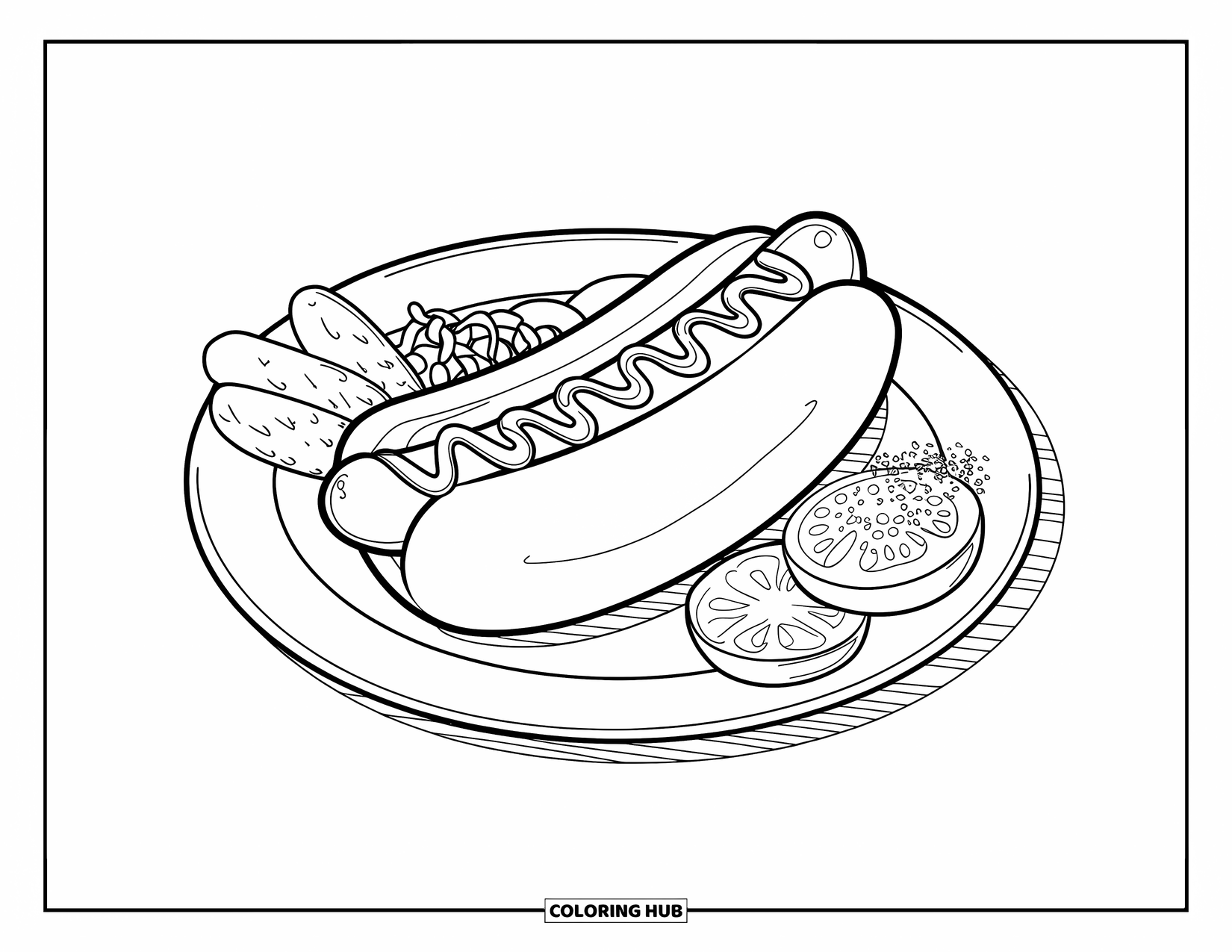 Chicago Coloring Page for Kids: Chicago-style hot dog with classic toppings sits neatly on a plate