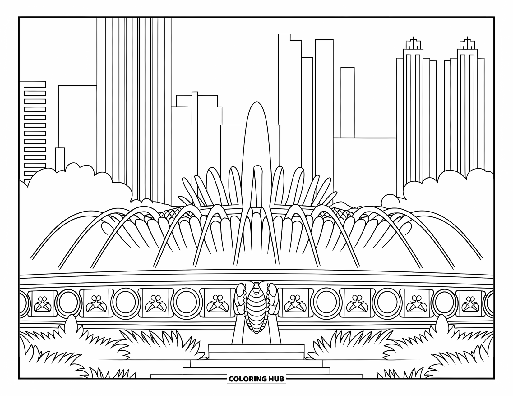 Chicago Coloring Page for Kids: Chicagoís Buckingham Fountain with sculptures, trees, and skyline buildings behind it