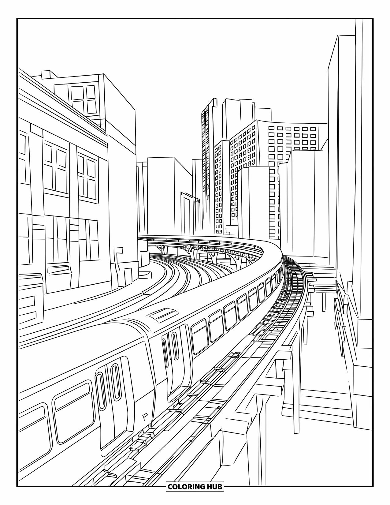 Chicago Coloring Page for Kids: Chicagoís ìLî train curves past downtown buildings on elevated tracks