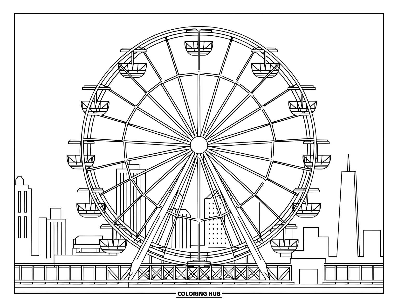 Chicago Coloring Page for Kids: Chicagoís Navy Pier Ferris Wheel stands tall with gondolas and city buildings behind