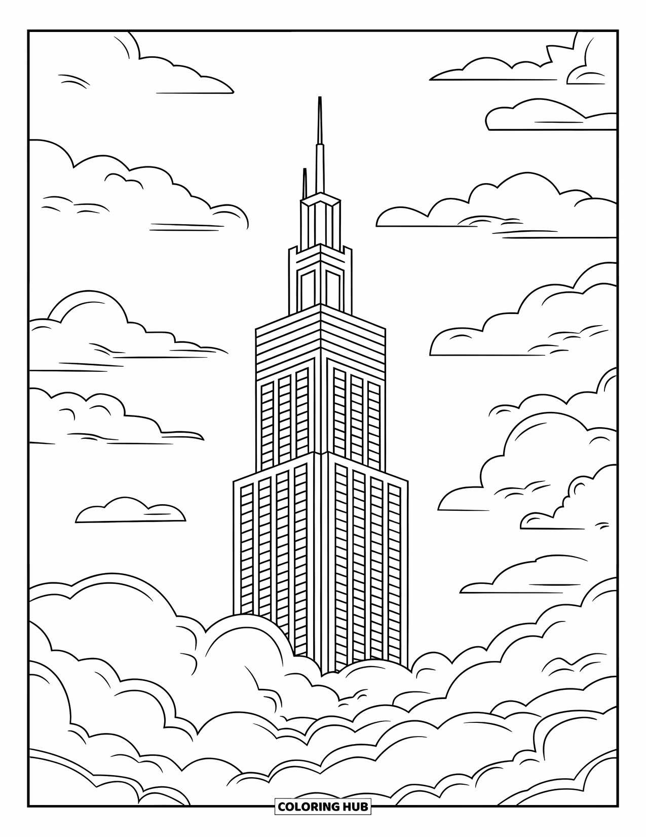 Chicago Coloring Page for Kids: Chicagoís Willis Tower rises through the clouds in a bold, chunky outline