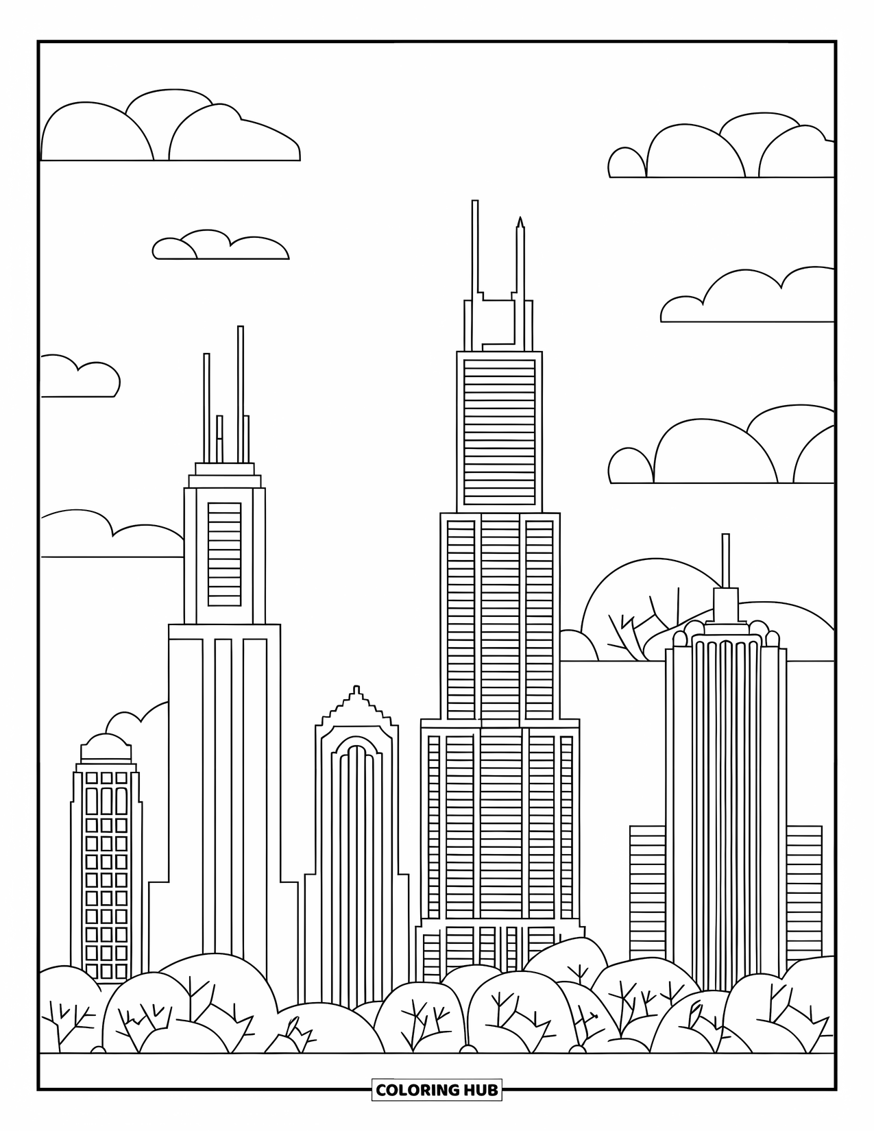 Chicago Coloring Page for Kids: Famous Chicago skyscrapers with clouds and trees in a kid-friendly city skyline