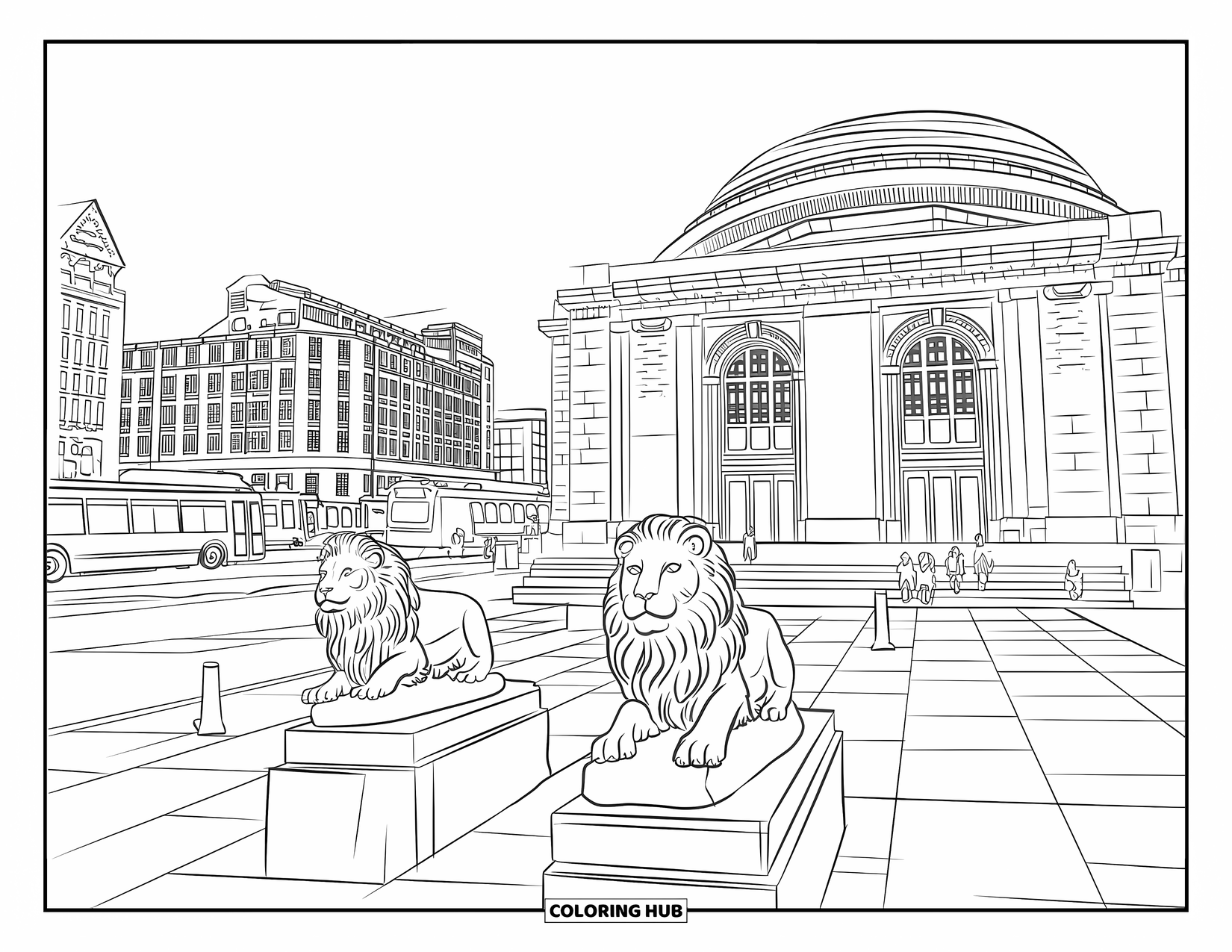 Chicago Coloring Page for Kids: Harold Washington Library features a dome, lion statues, and a lively student plaza