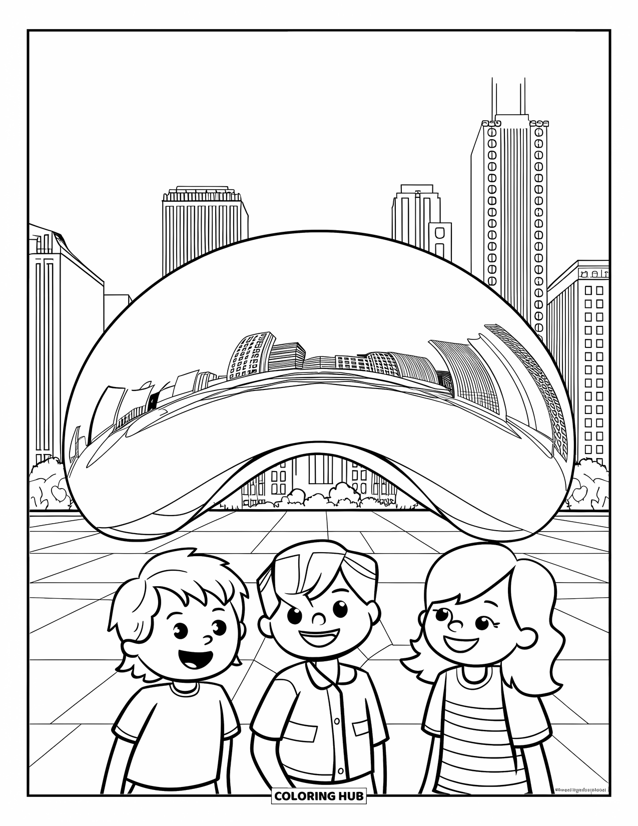 Chicago Coloring Page for Kids: Kids smile and point at The Bean in Chicagoís Millennium Park