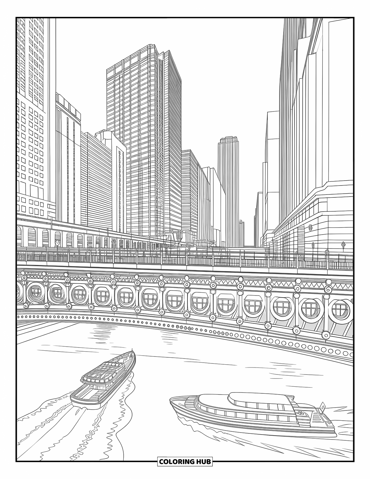 Chicago Coloring Page for Kids: Mid-rise bridge over the Chicago River with boats and tall city buildings nearby