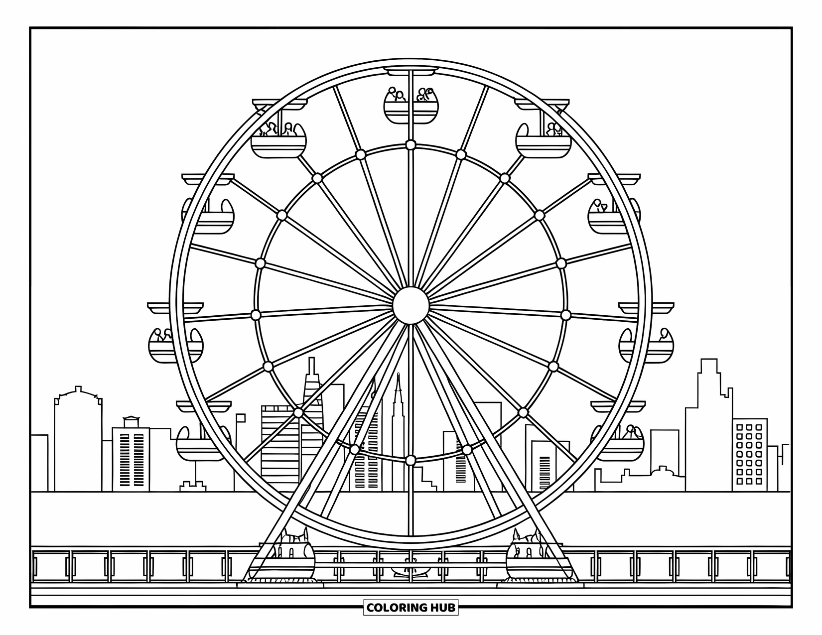 Chicago Coloring Page for Kids: Navy Pier Ferris Wheel spins beside the skyline and water in Chicago