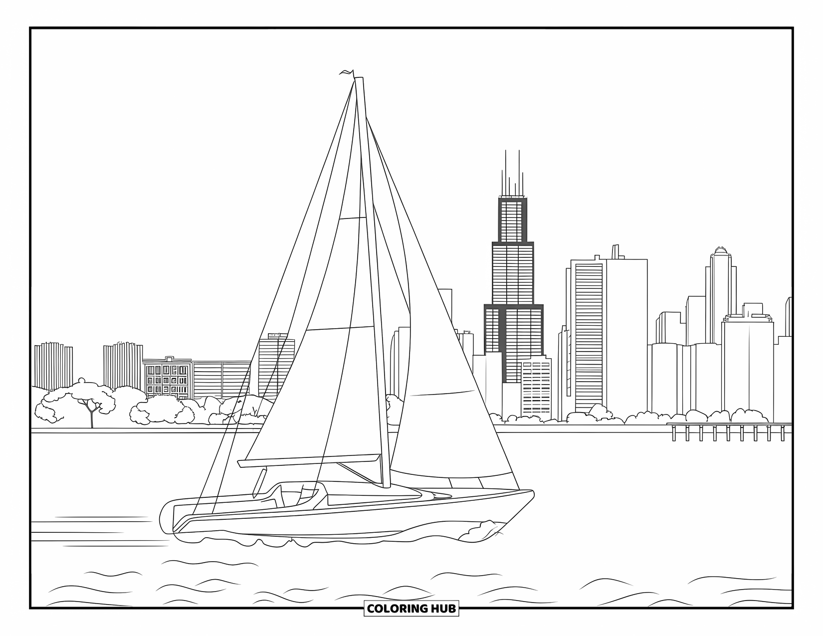 Chicago Coloring Page for Kids: Sailboat heads toward the Chicago skyline with Willis Tower in the distance