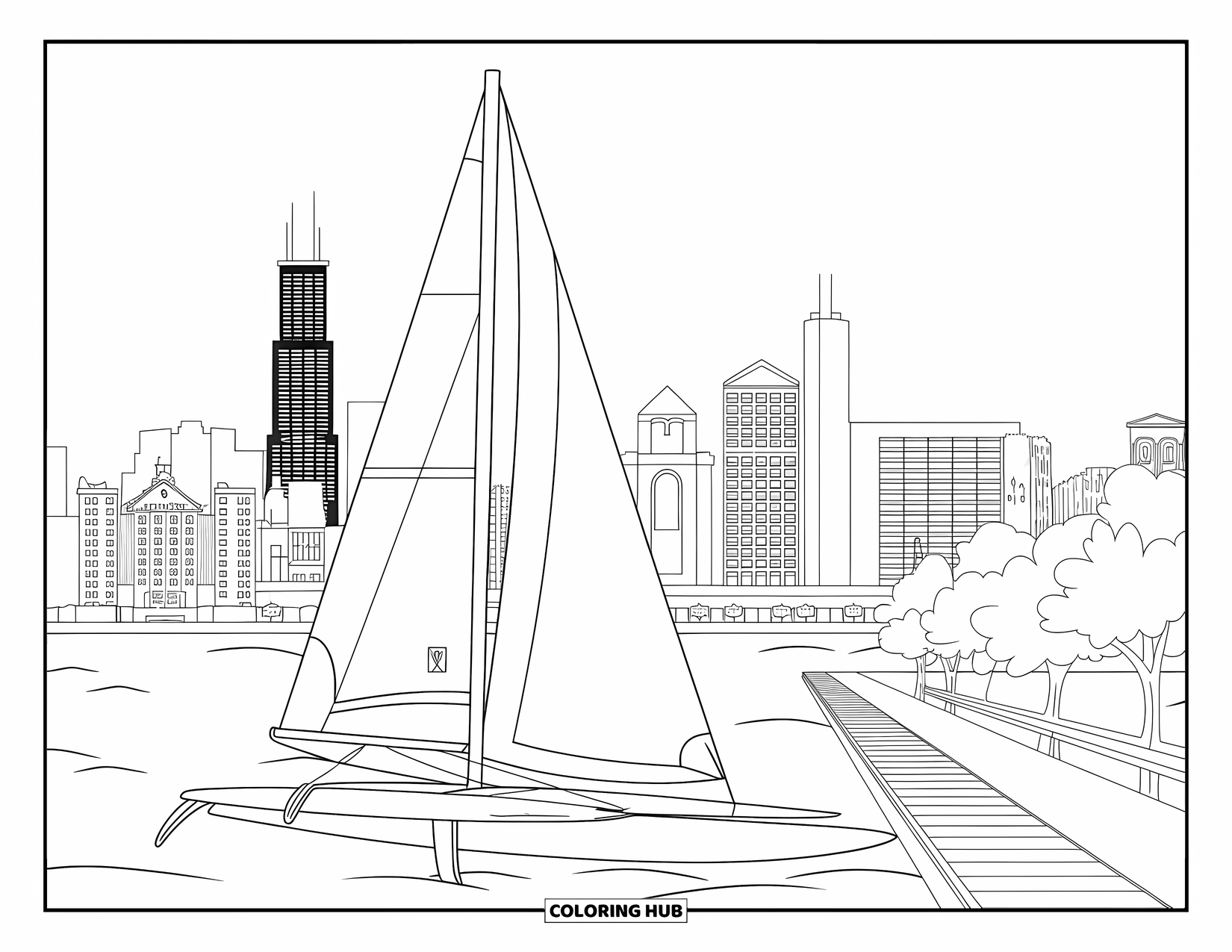 Chicago Coloring Page for Kids: Sailboat on Lake Michigan with the Chicago skyline in the background