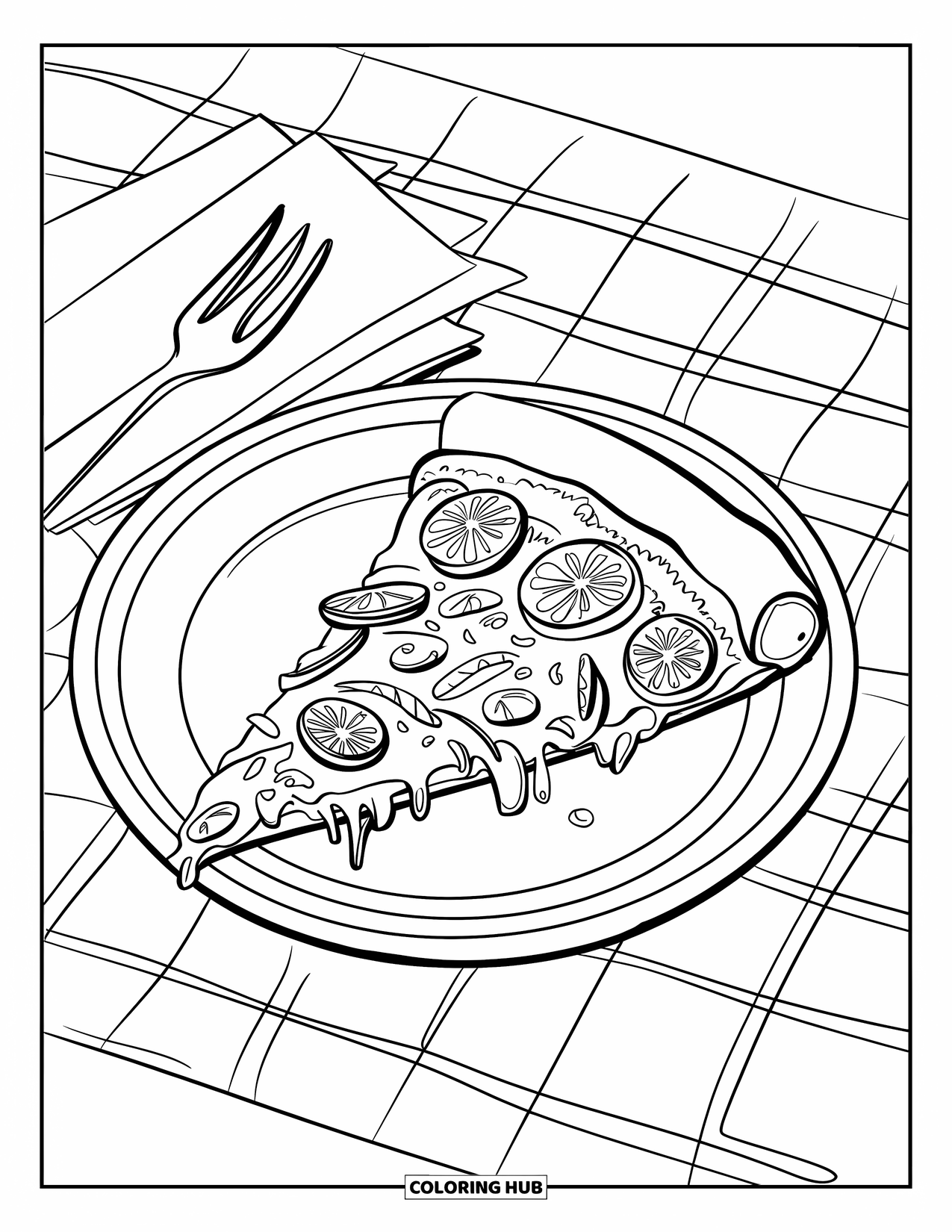 Chicago Coloring Page for Kids: Slice of Chicago deep-dish pizza with checkered surface and napkins on the side