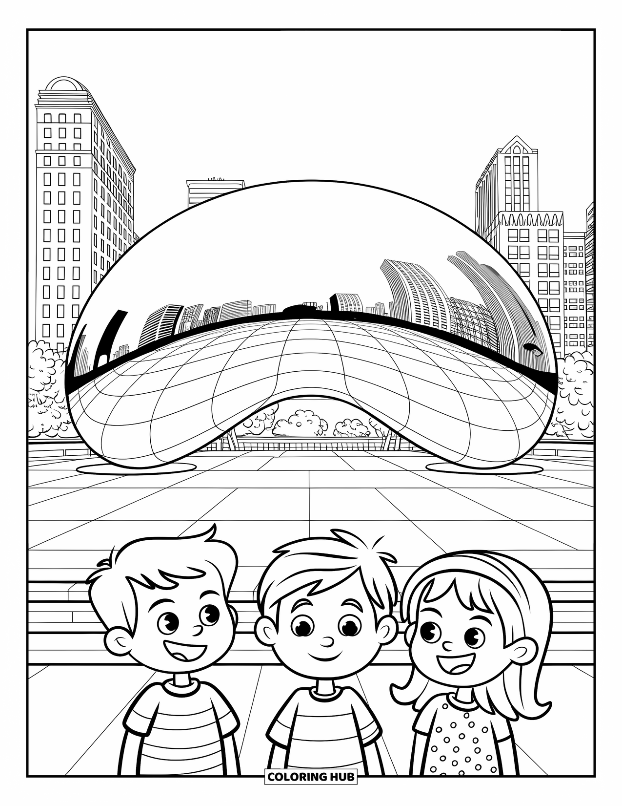 Chicago Coloring Page for Kids: Smiling kids admire The Bean, Chicagoís famous sculpture, near tall buildings