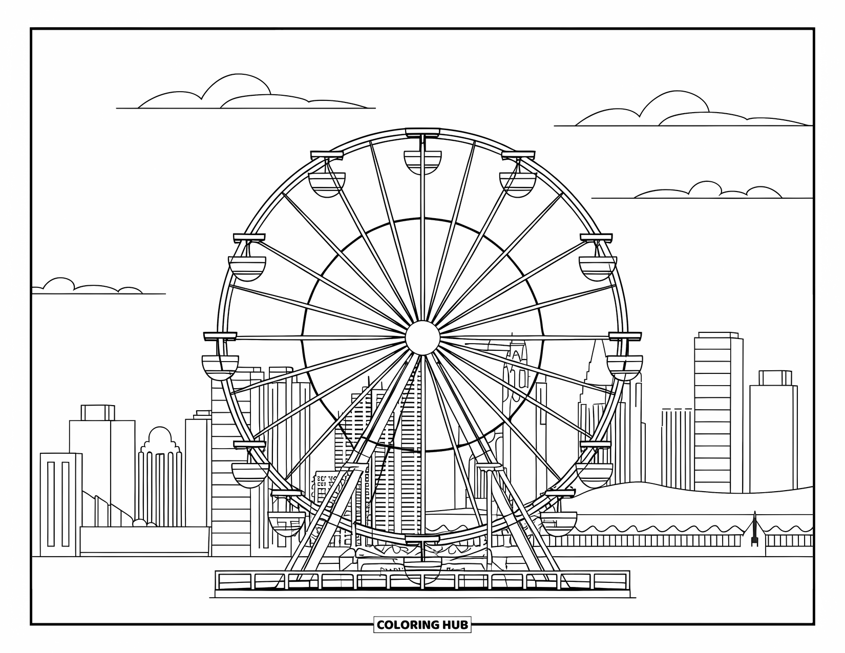 Chicago Coloring Page for Kids: The Ferris Wheel at Navy Pier with gondolas and Chicago skyscrapers beyond