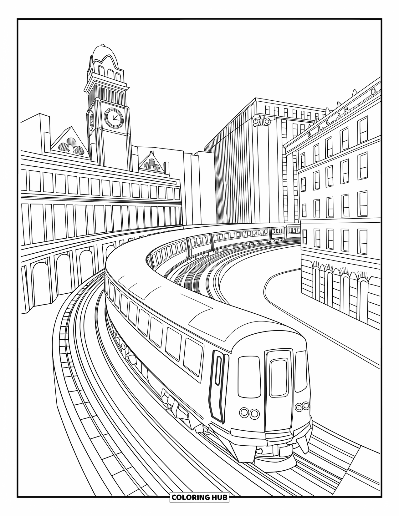 Chicago Coloring Page for Kids: The ìLî train in Chicago winds by a building with a clock tower