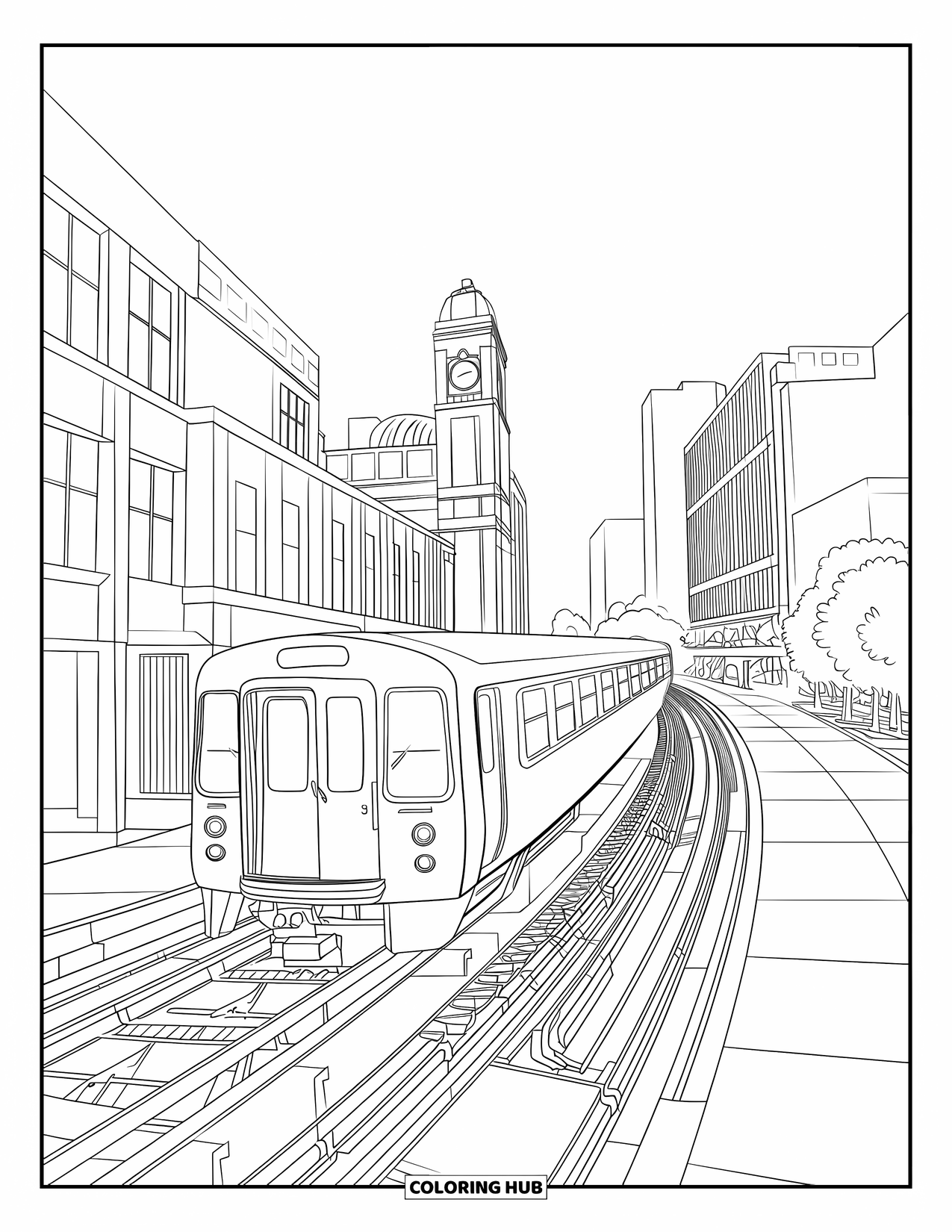 Chicago Coloring Page for Kids: The red ìLî train curves downtown past trees and decorative buildings