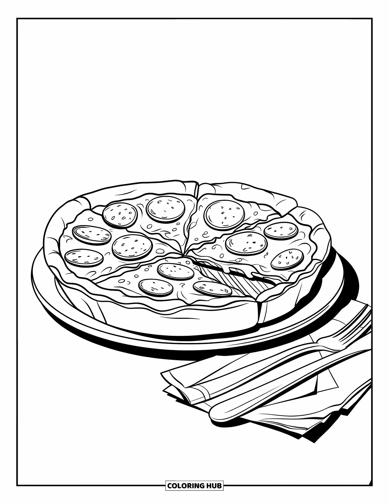 Chicago Coloring Page for Kids: Thick-crust deep-dish pizza with cheese and pepperoni on a classic Chicago diner plate