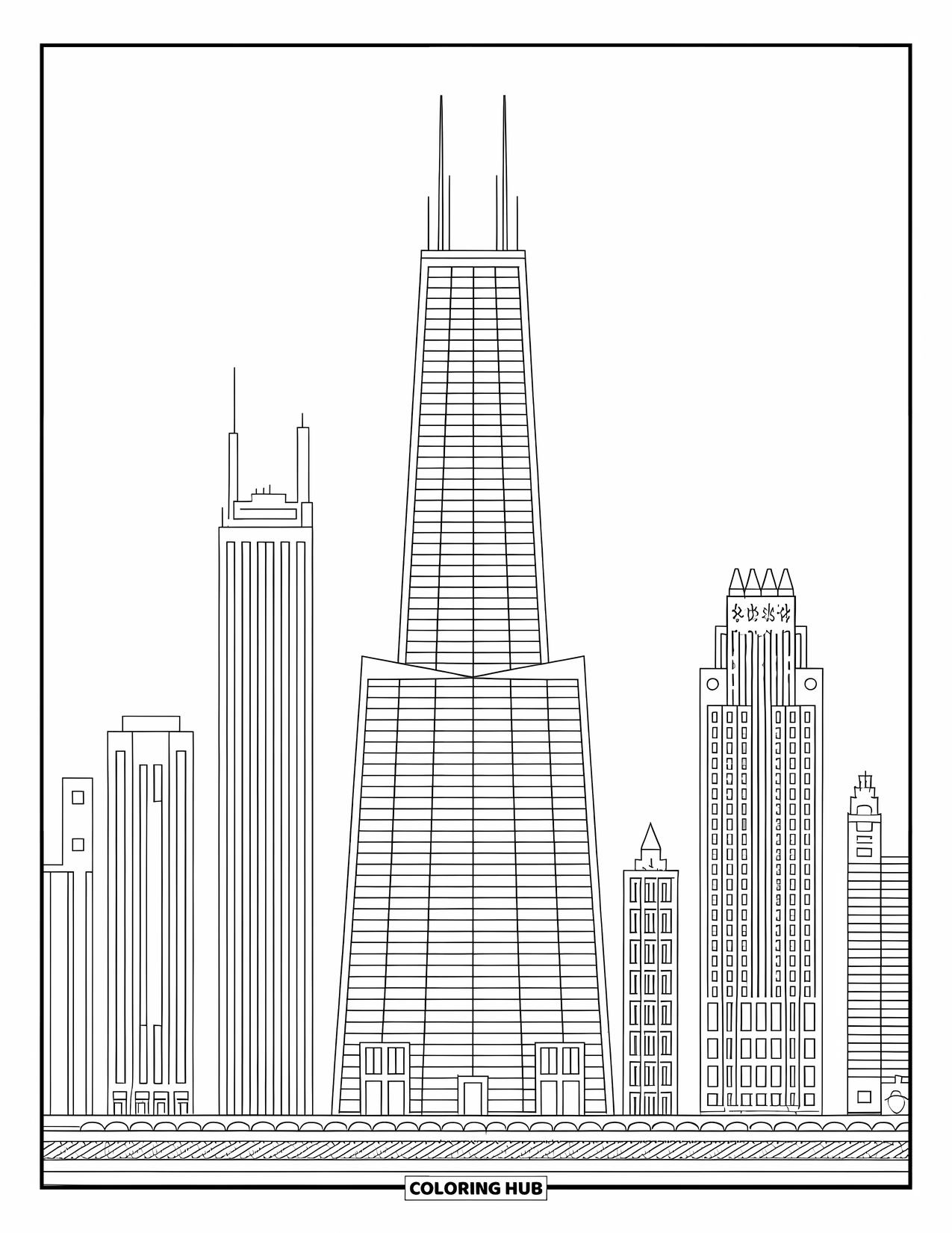 Chicago Coloring Page for Kids: Willis Tower and Hancock Center rise in a bold Chicago skyline scene
