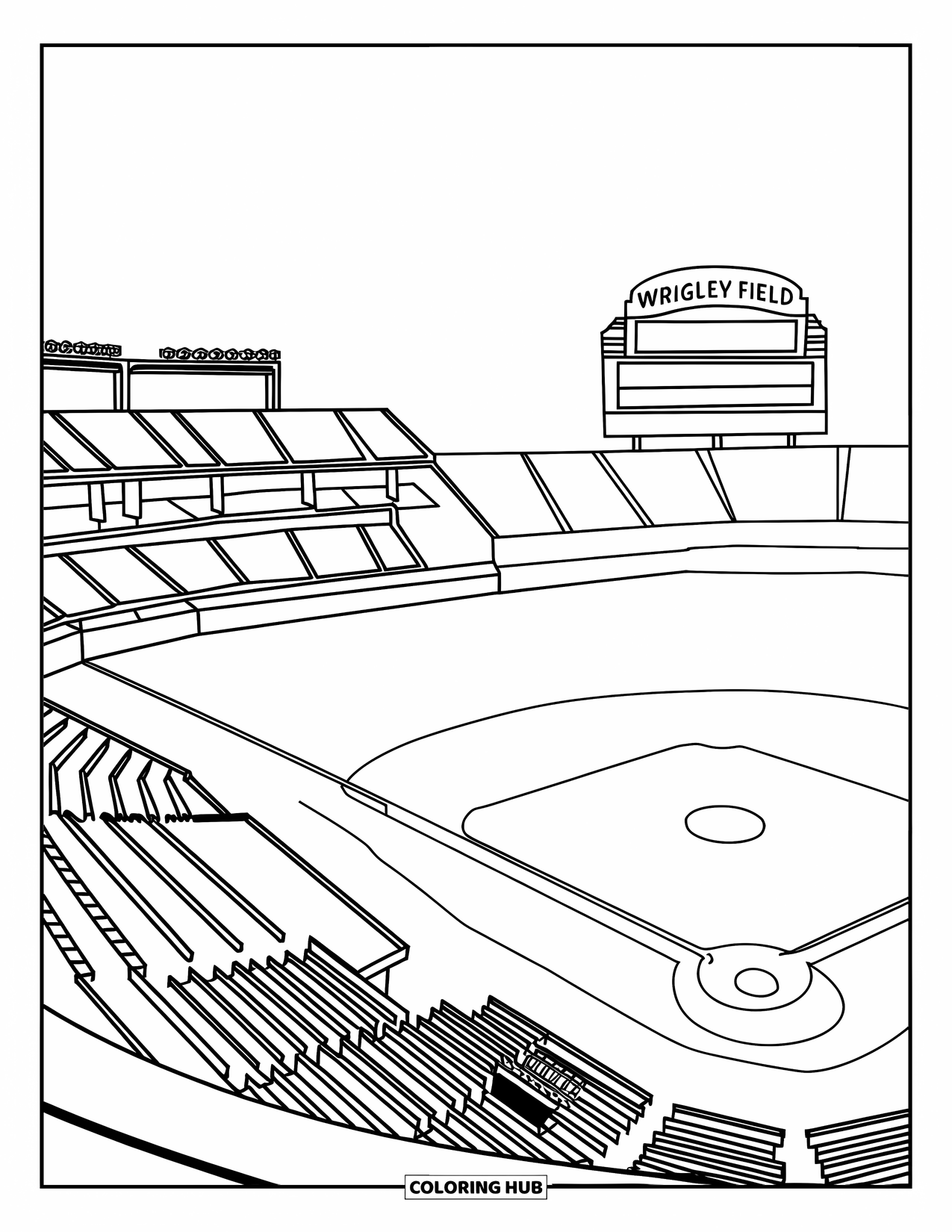 Chicago Coloring Page for Kids: Wrigley Field interior with rows of seats and the classic scoreboard in view