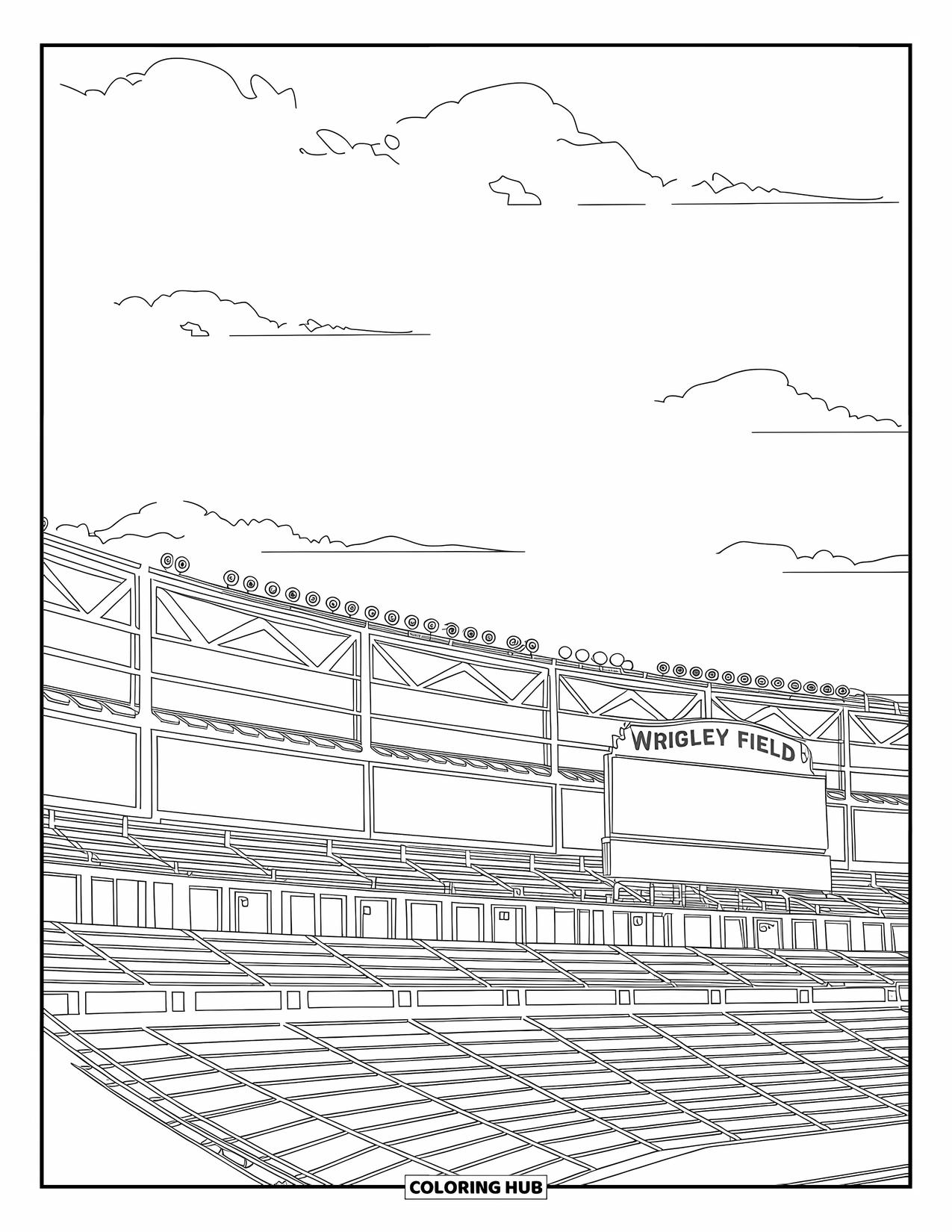 Chicago Coloring Page for Kids: Wrigley Field stadium shows tiered seating and scoreboard under the open sky