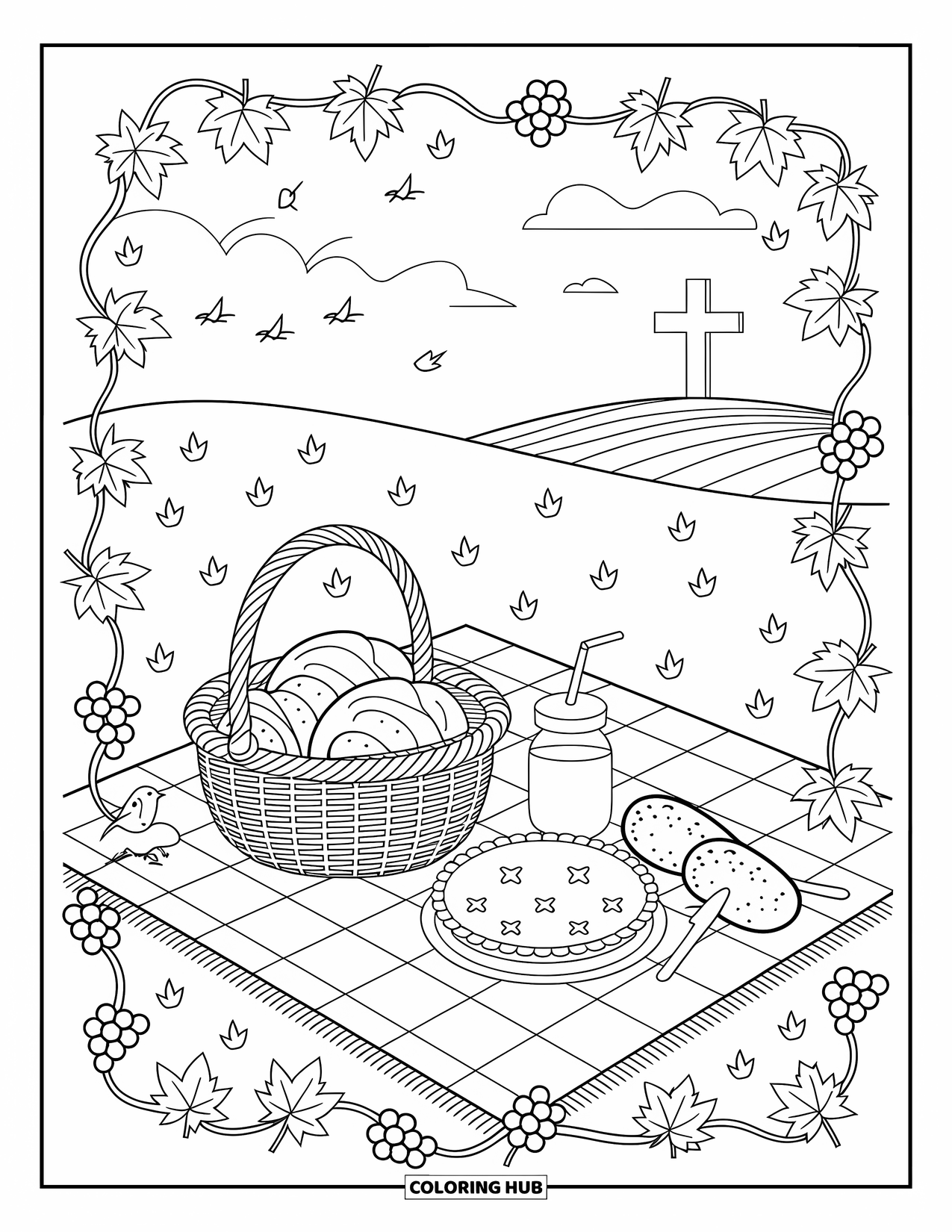 Christian Thanksgiving Coloring Page for Adults: Autumn picnic with pie, bread, and a peaceful cross view