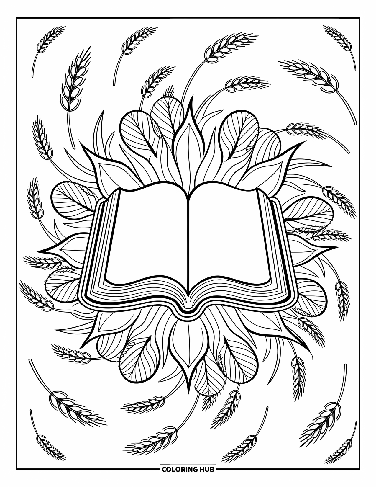 Christian Thanksgiving Coloring Page for Adults: Bible at center of botanical mandala with scattered wheat sprigs