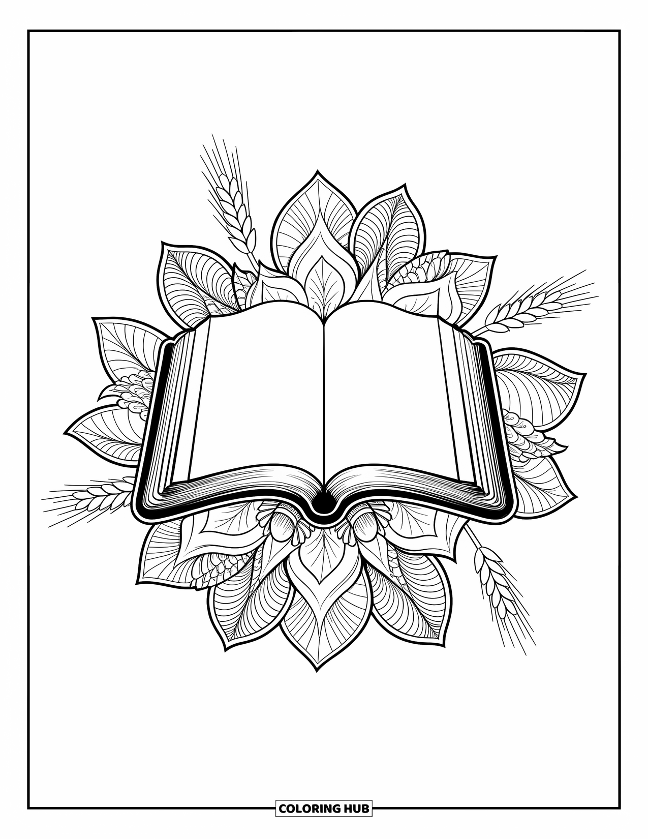 Christian Thanksgiving Coloring Page for Adults: Bible surrounded by floral mandala and wheat accents