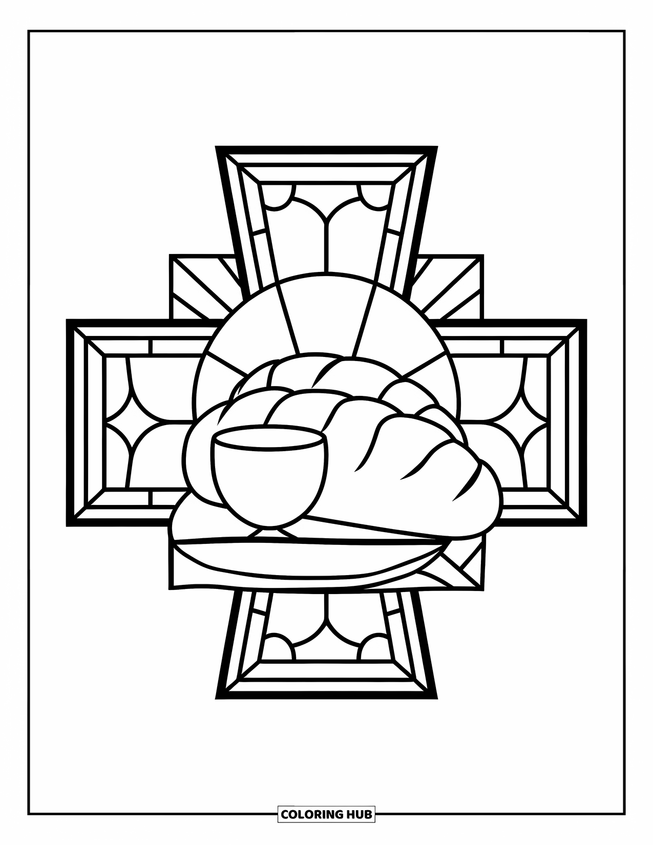 Christian Thanksgiving Coloring Page for Adults: Bread and cup inside a stained glass cross on a plain white background