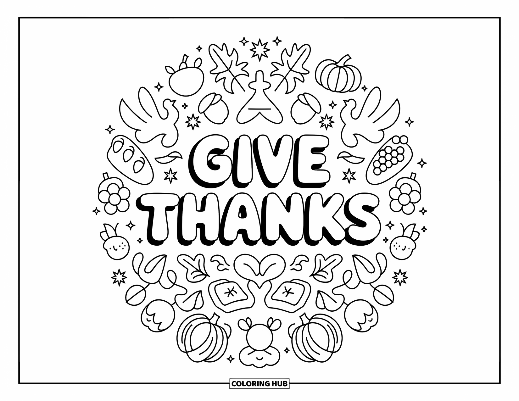 Christian Thanksgiving Coloring Page for Adults: Bubble letters say Give Thanks surrounded by crosses, leaves, and pumpkins