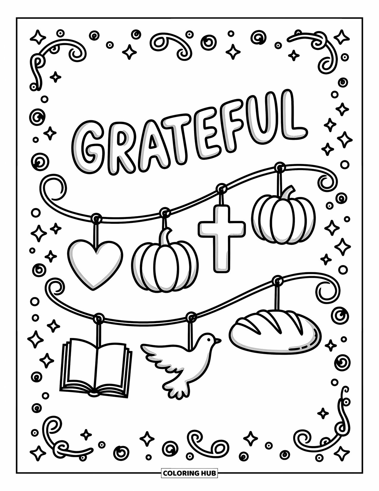 Christian Thanksgiving Coloring Page for Adults: Charming garland of faith icons and playful GRATEFUL lettering