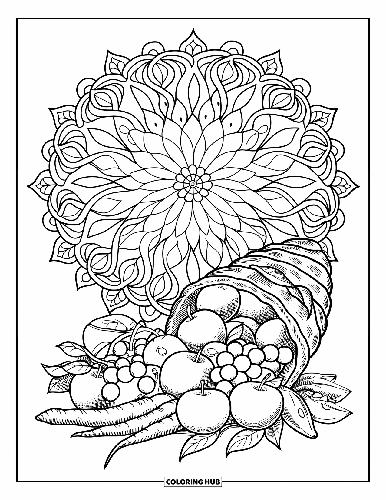 Christian Thanksgiving Coloring Page for Adults: Cornucopia of produce inside a leafy mandala with flower at the center