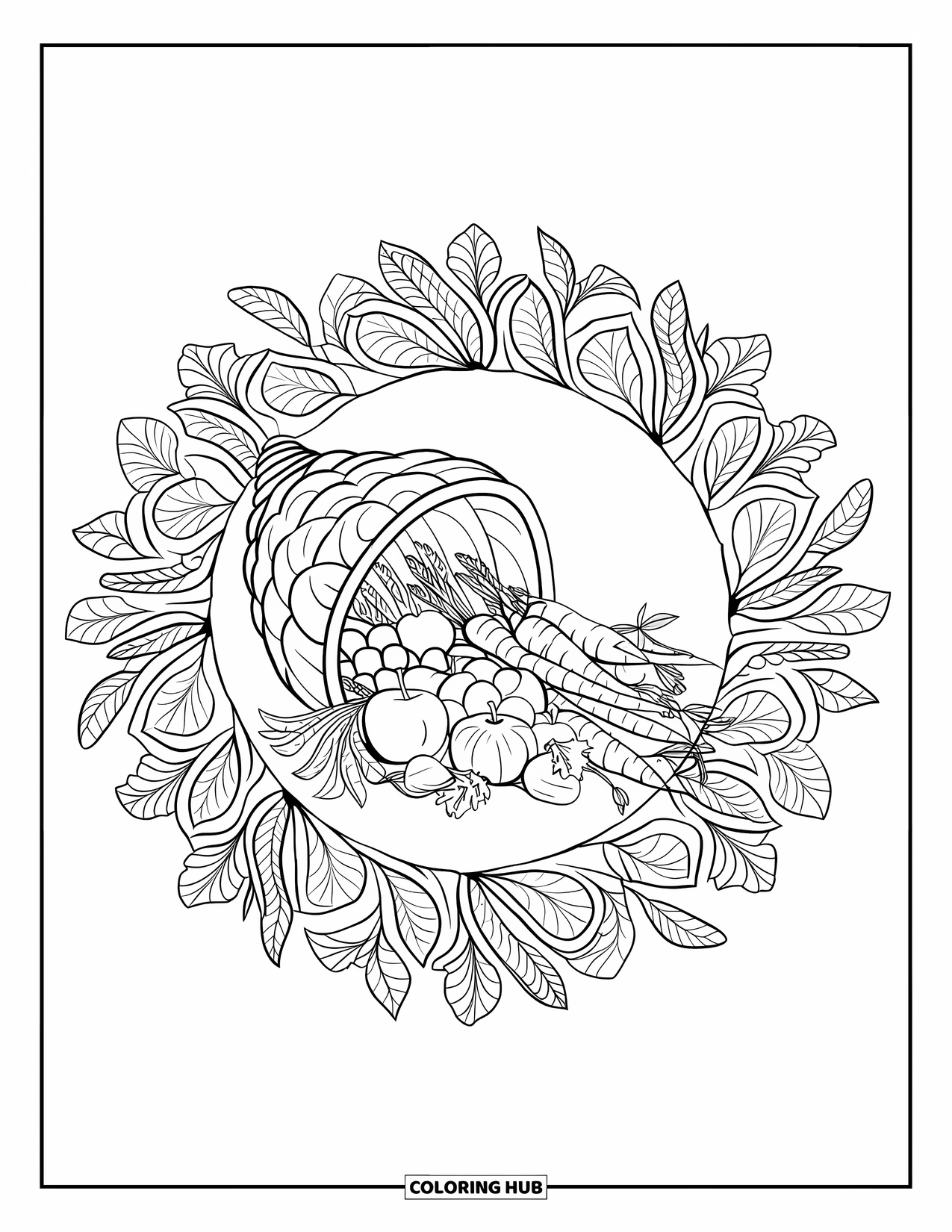 Christian Thanksgiving Coloring Page for Adults: Cornucopia with fruits and vegetables inside a leafy mandala design