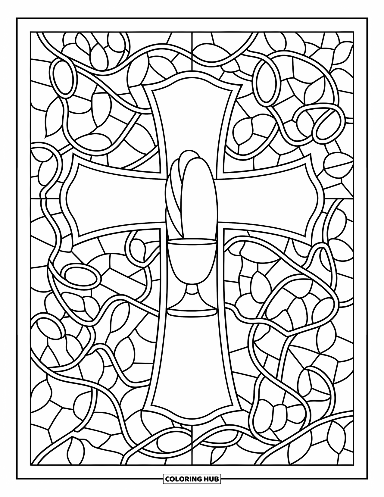 Christian Thanksgiving Coloring Page for Adults: Cross-shaped stained glass with bread, cup, and leafy vine patterns