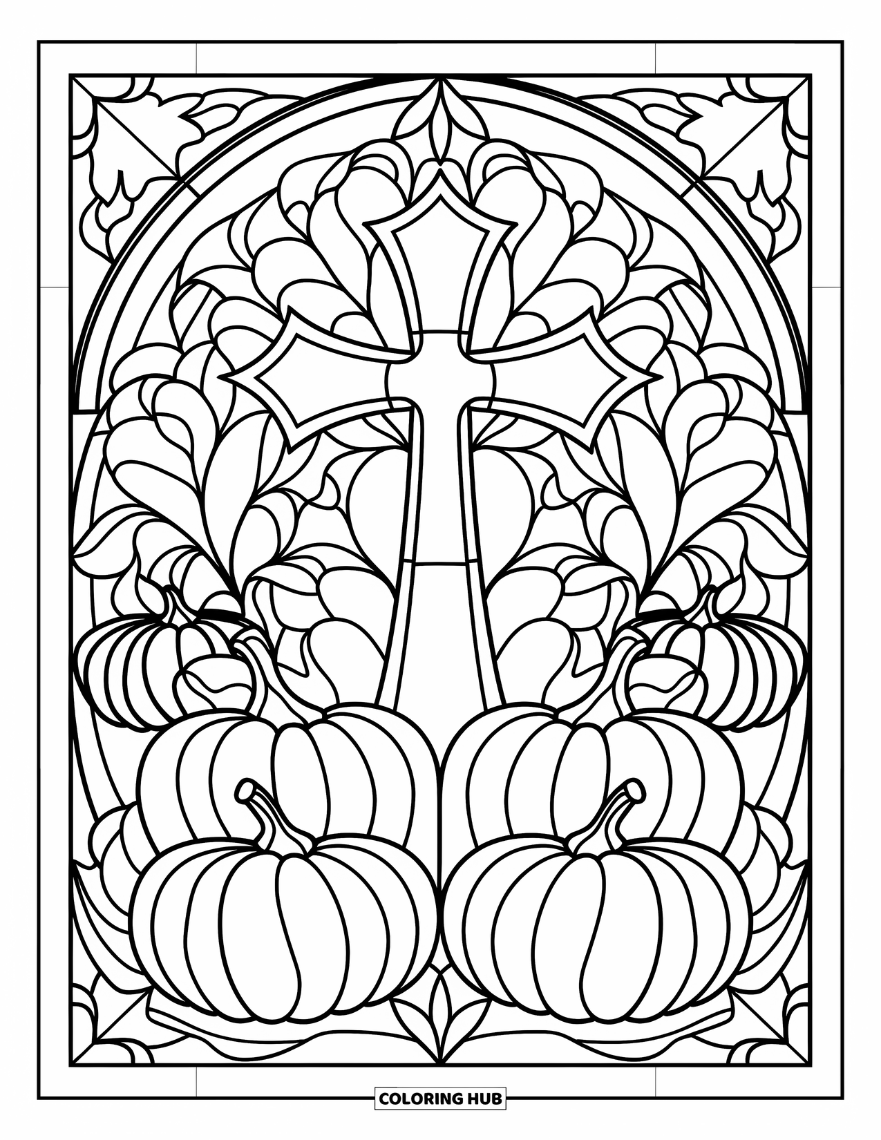 Christian Thanksgiving Coloring Page for Adults: Cross with stained glass leaves and pumpkins in bold outlines