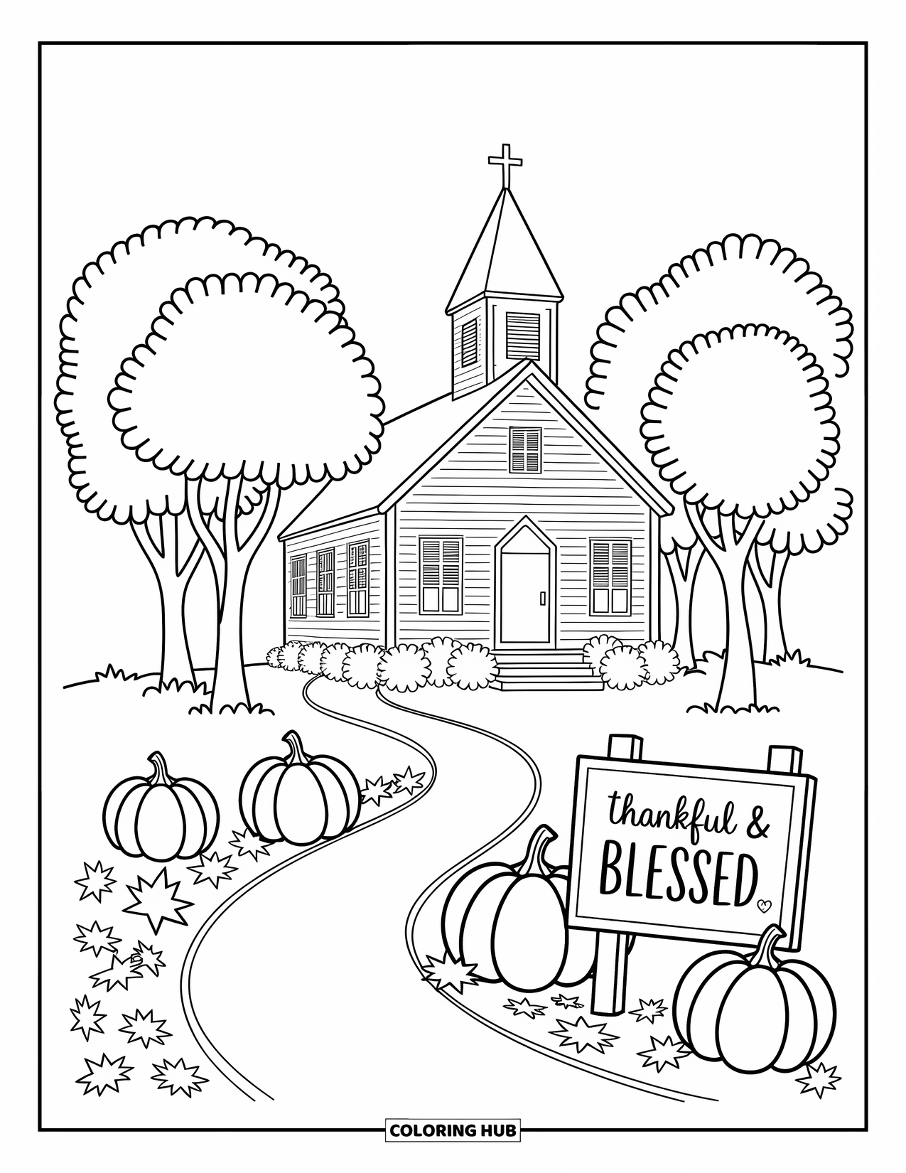 Christian Thanksgiving Coloring Page for Adults: Fall trees and pumpkins surrounding a church with a gratitude message