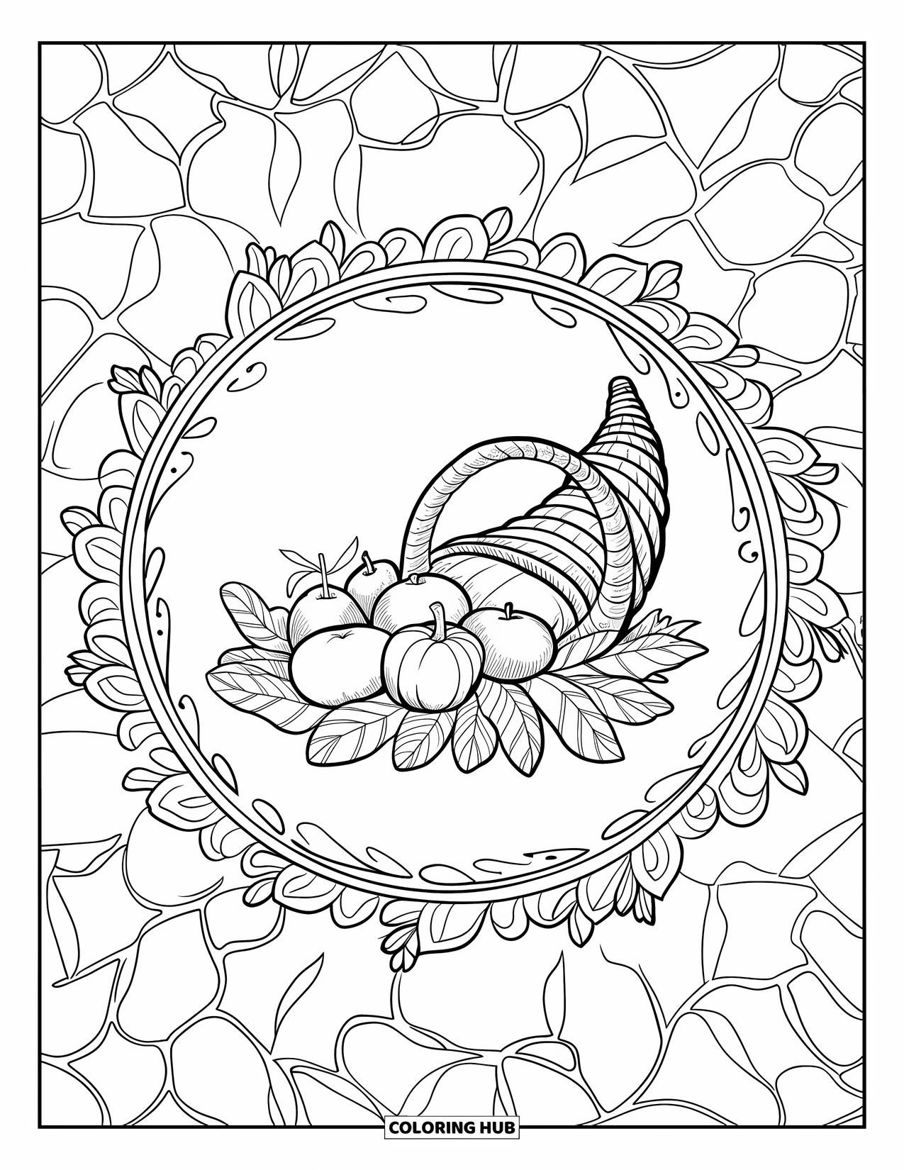 Christian Thanksgiving Coloring Page for Adults: Full-page mandala with cornucopia and vine-filled border