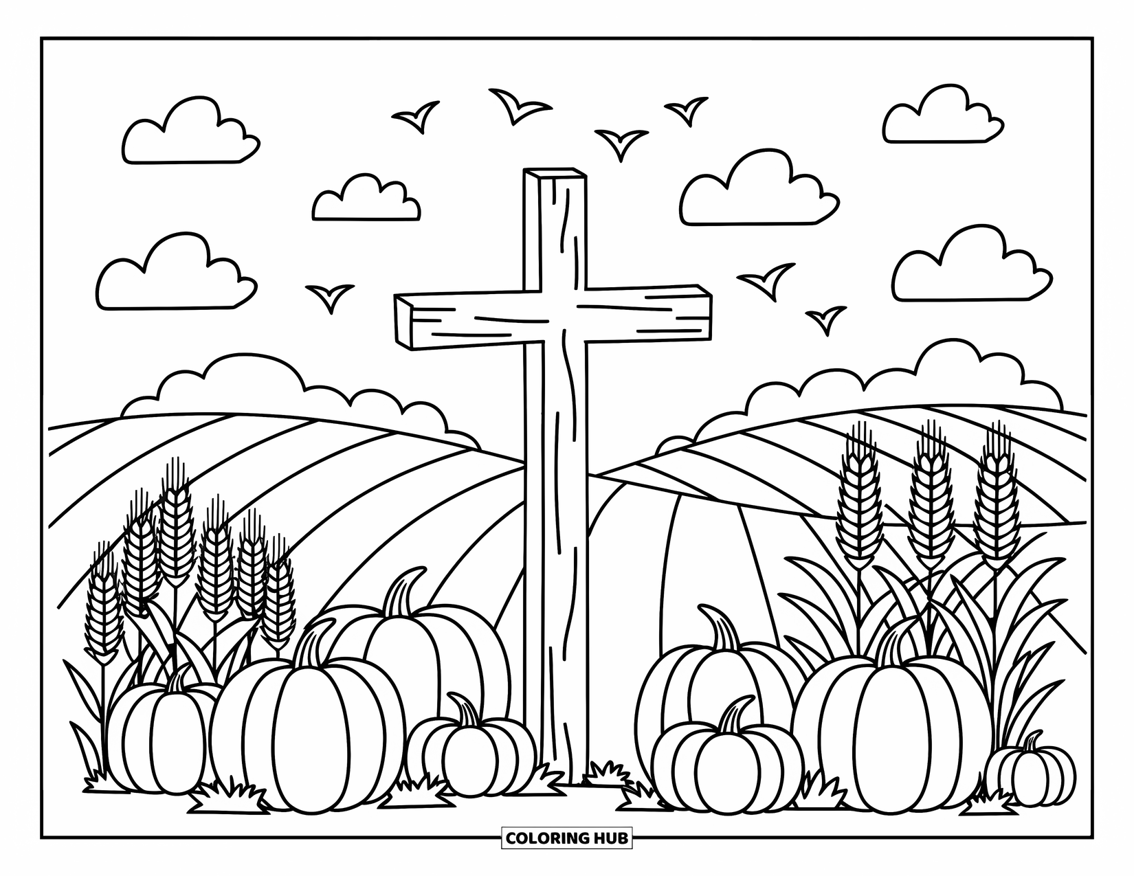 Christian Thanksgiving Coloring Page for Adults: Peaceful cross scene with pumpkins, bundled wheat, and a breezy hillside