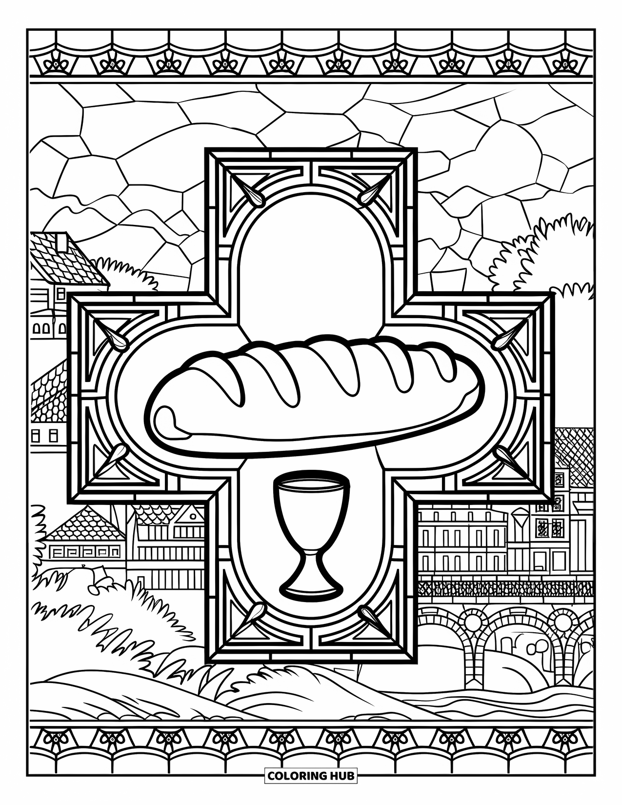 Christian Thanksgiving Coloring Page for Adults: Stained glass cross with bread, cup, and a medieval village in the background
