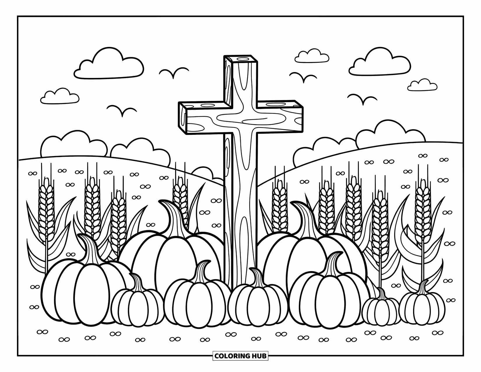 Christian Thanksgiving Coloring Page for Adults: Wooden cross in a pumpkin field with wheat and corn swaying gently