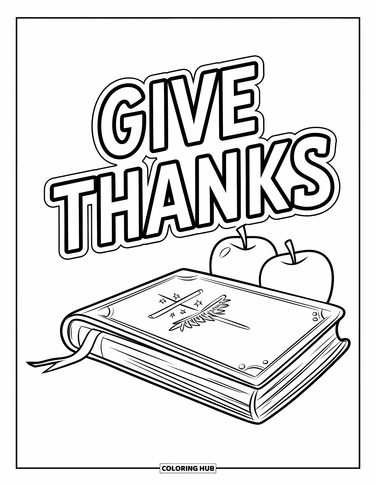 Christian Thanksgiving Coloring Page for Kids: Bible and apples with large Give Thanks text above