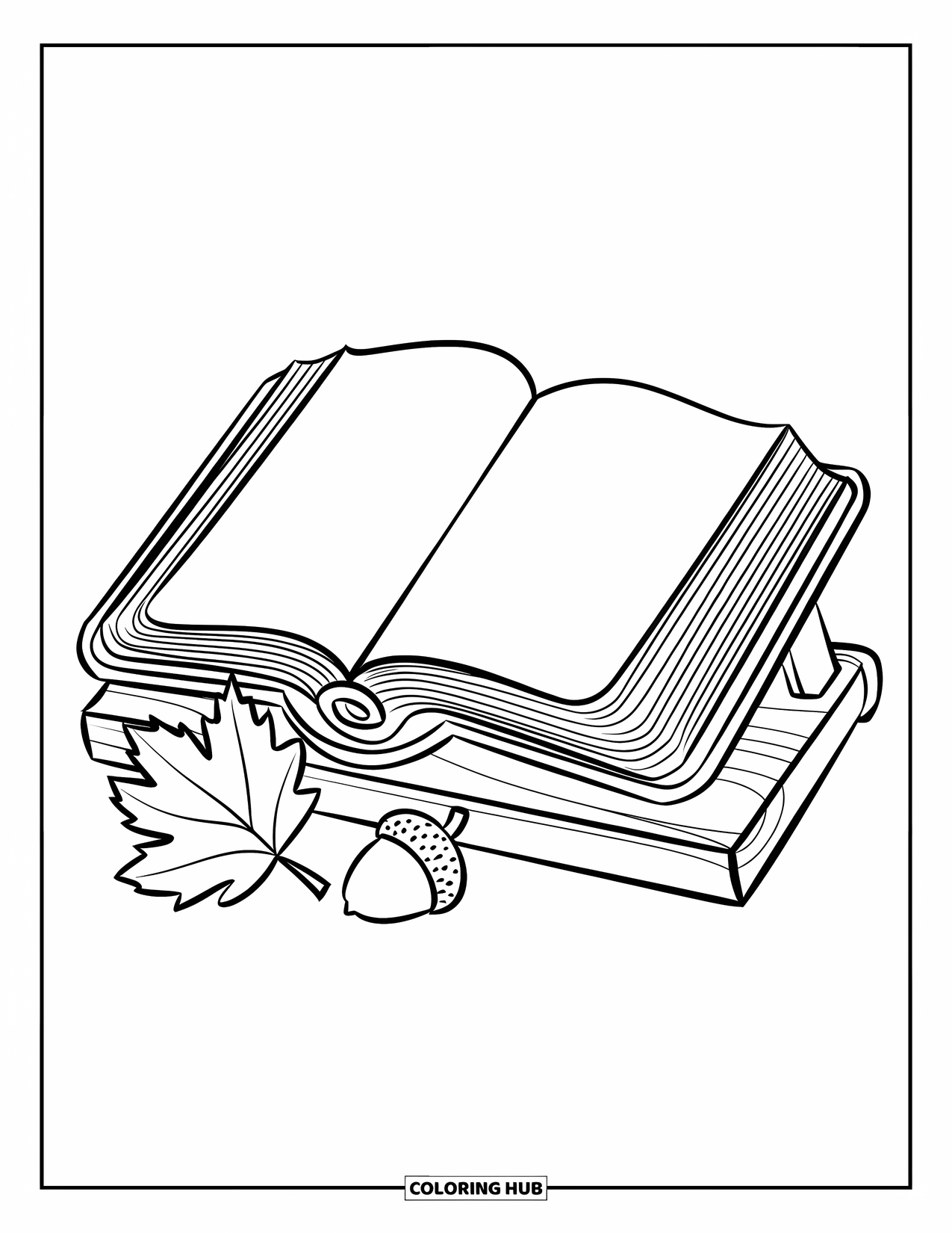 Christian Thanksgiving Coloring Page for Kids: Bible on a wooden stand with a nearby maple leaf and acorn