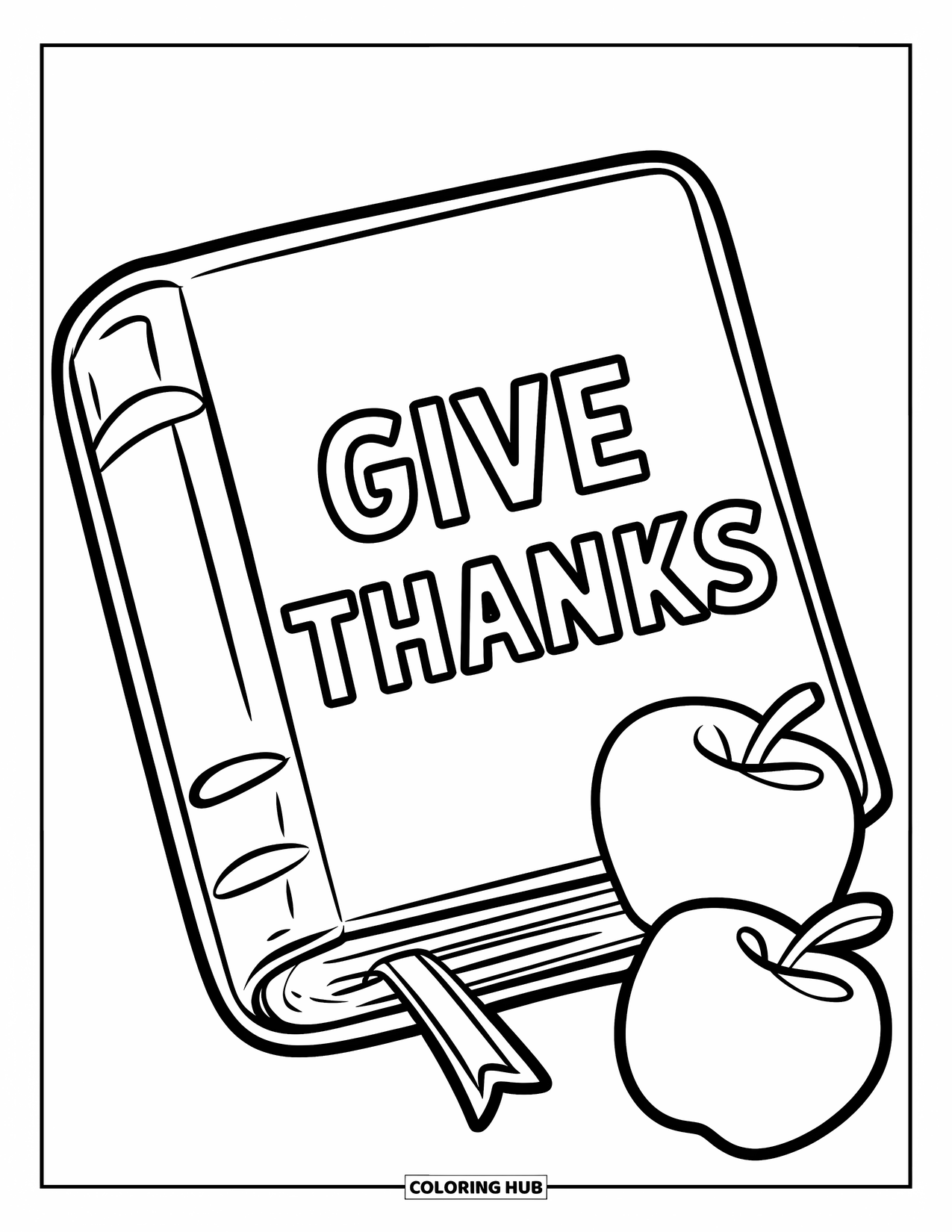 Christian Thanksgiving Coloring Page for Kids: Bible with big Give Thanks lettering and two nearby apples